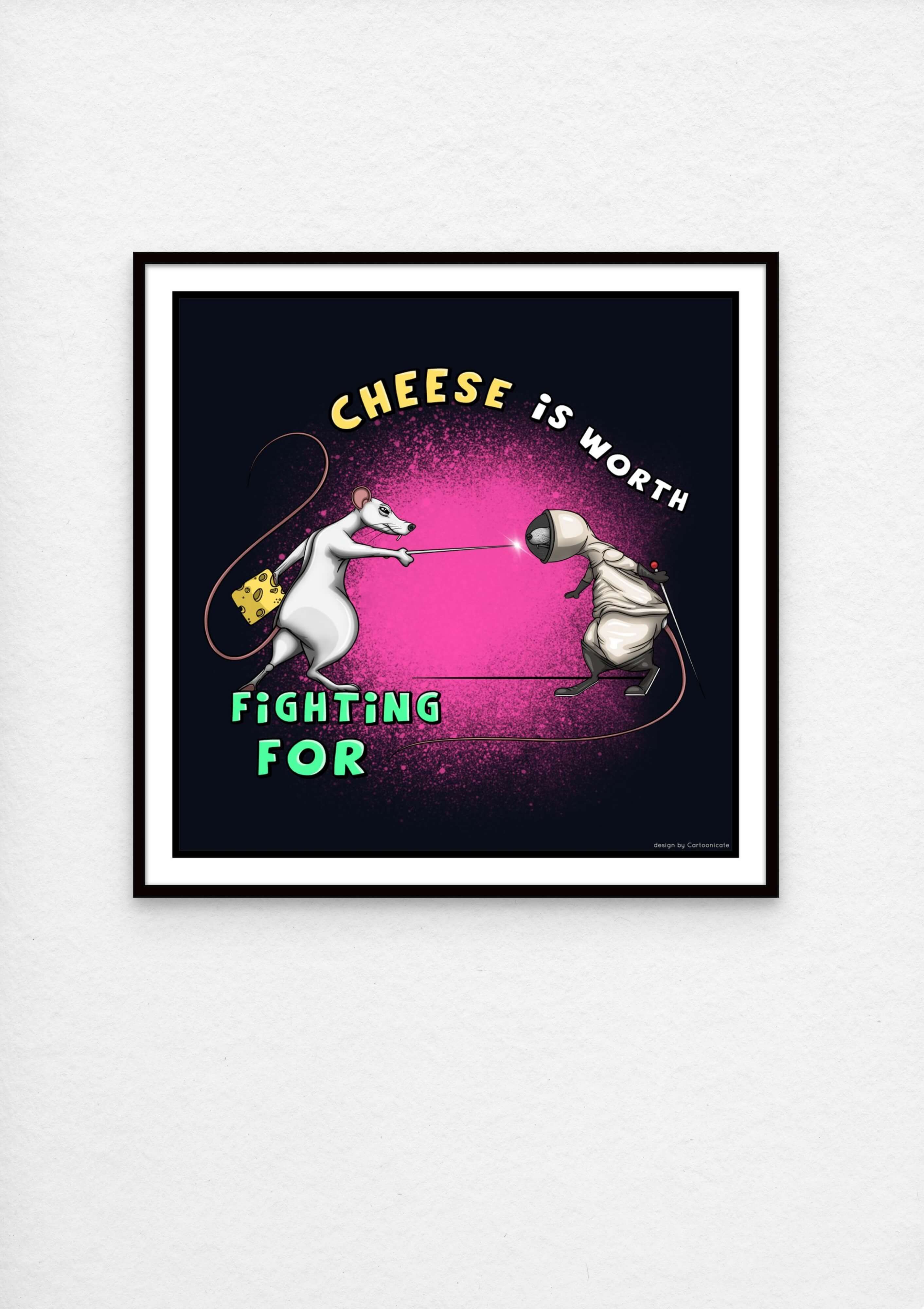 interior wall print with two rats fighting over cheese with fencing swords