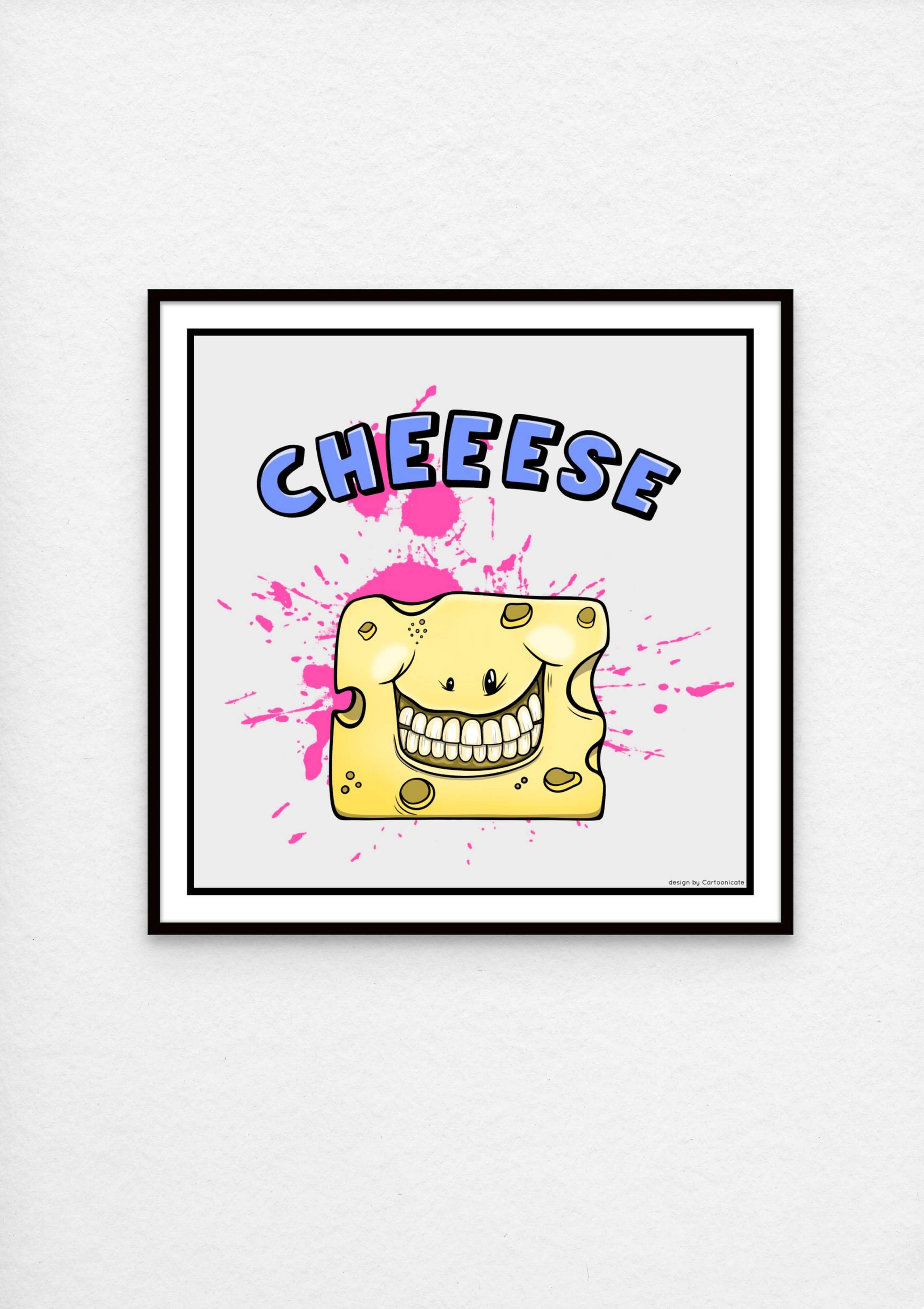 interior wall print with a happy cheese in cartoon style