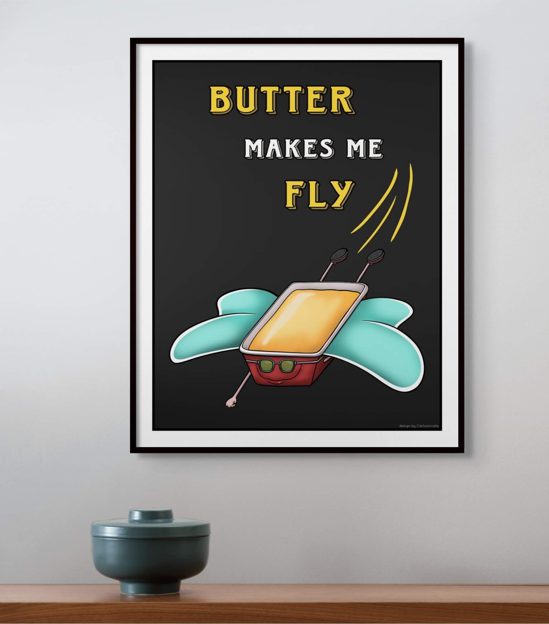 wall print with funny drawing of butter flying with wings in cartoon style