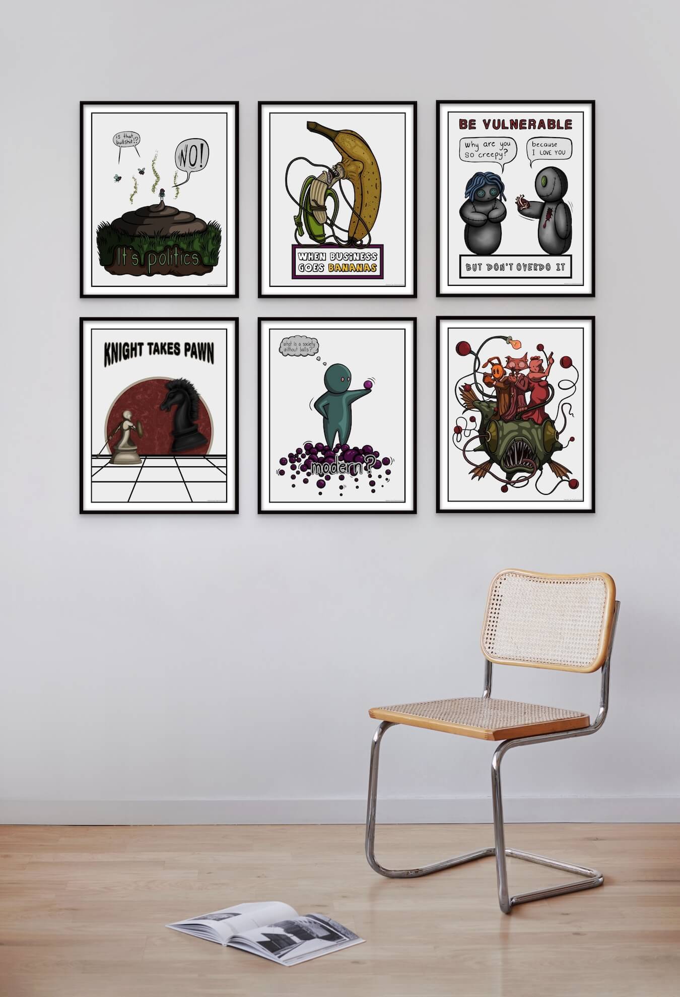 original and hand drawn cartoon interior wall posters