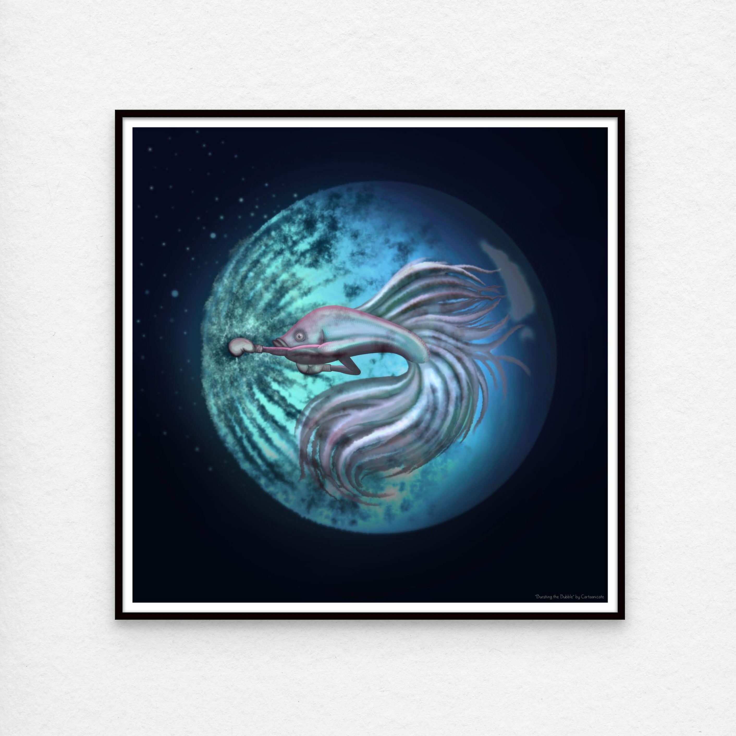 fine art illustration of a cool blue fighting fish and a bubble underwater