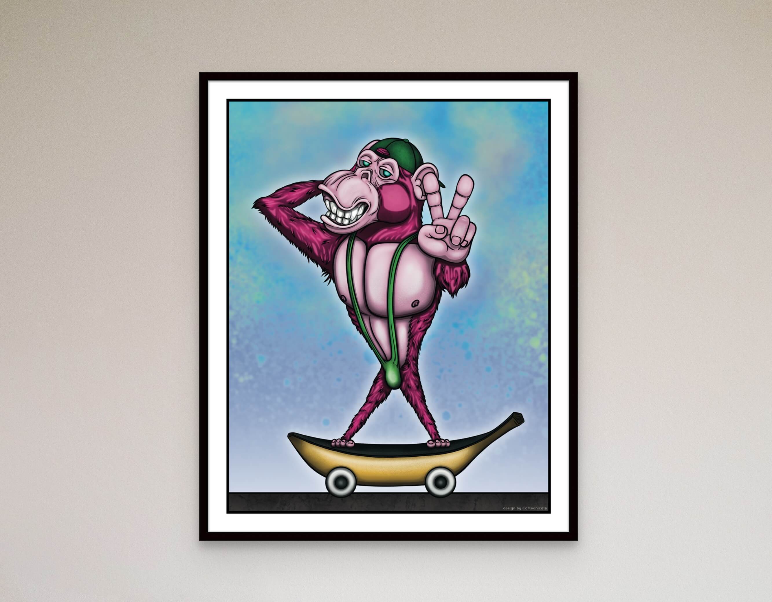 interior wall print with a pink monkey on skateboard