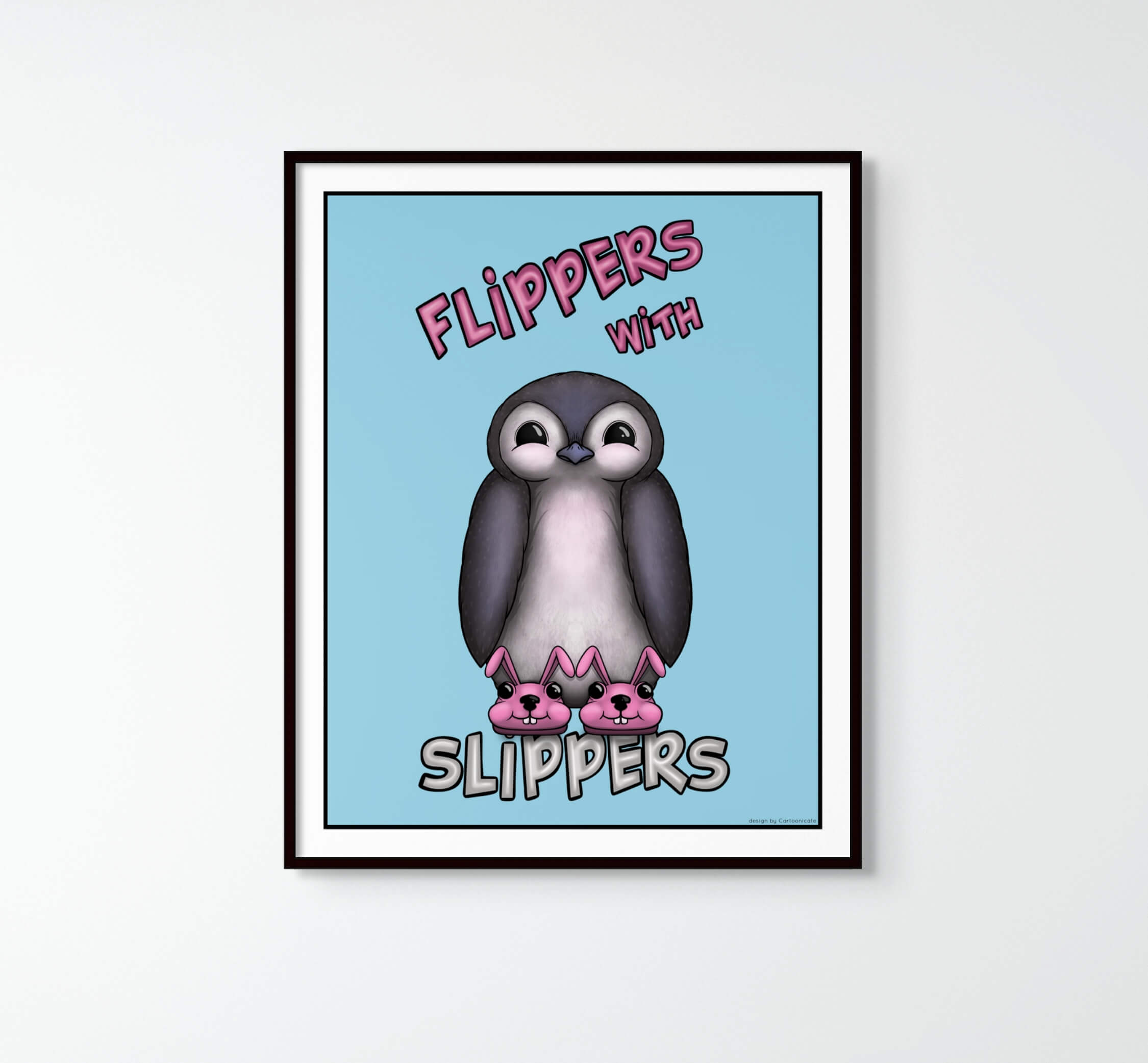 cute cartoon penguin with pink bunny slippers interior wall print