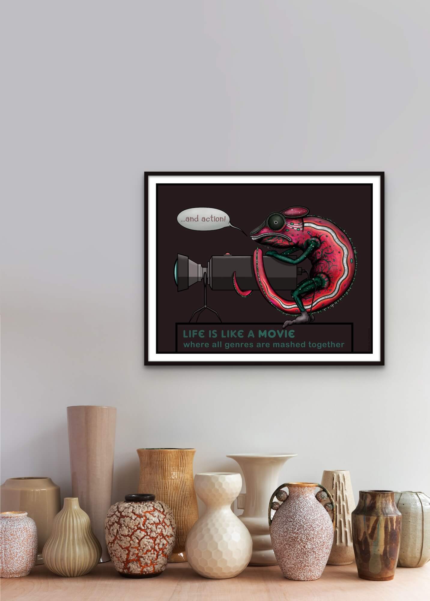 Pink chameleon poster on wall interior