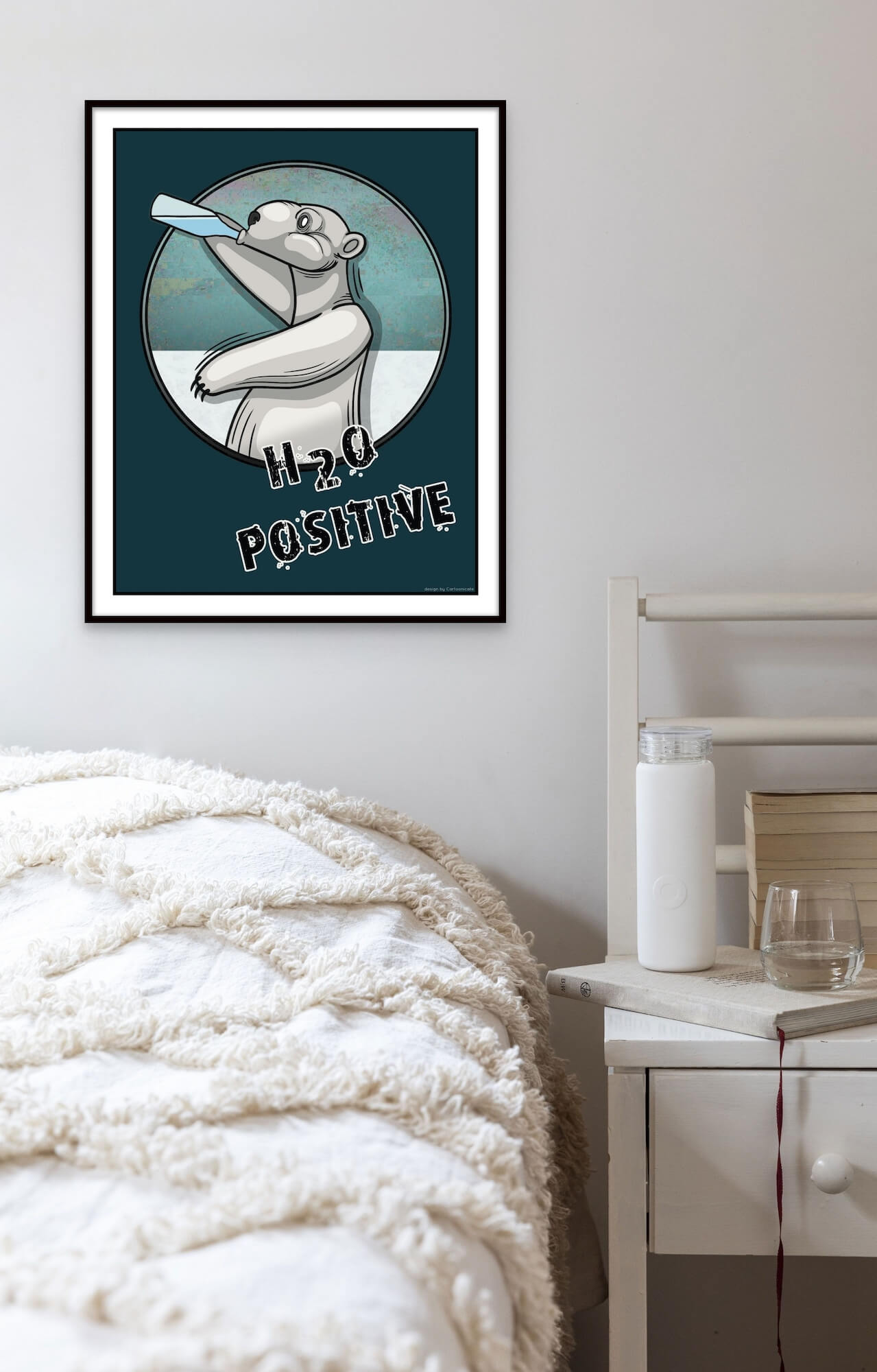 Cartoon polar bear drinking water interior wall poster