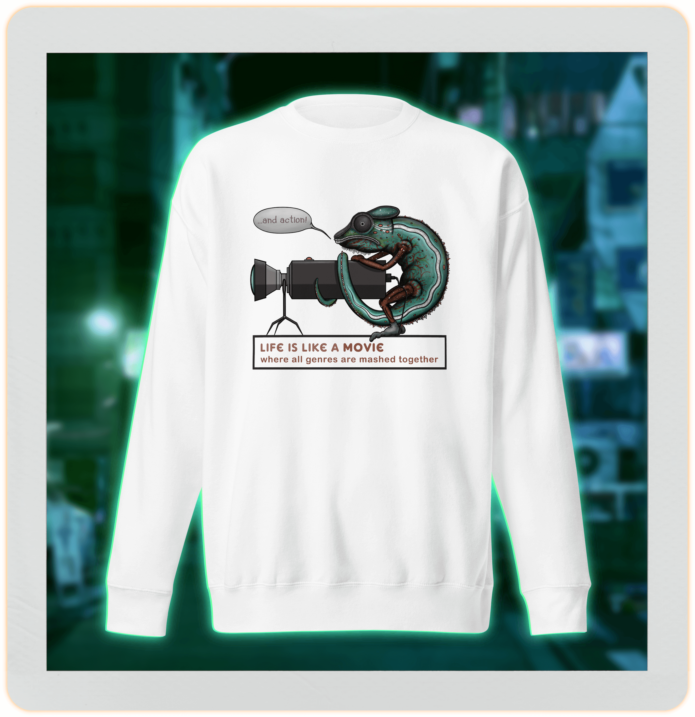 Cartoon chameleon with camera white sweatshirt