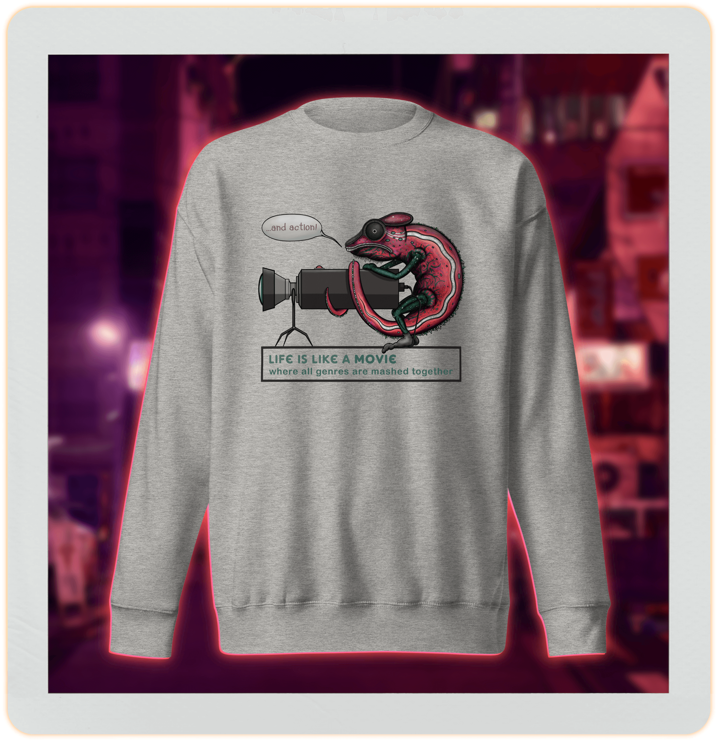 Life is a movie camera grey sweater