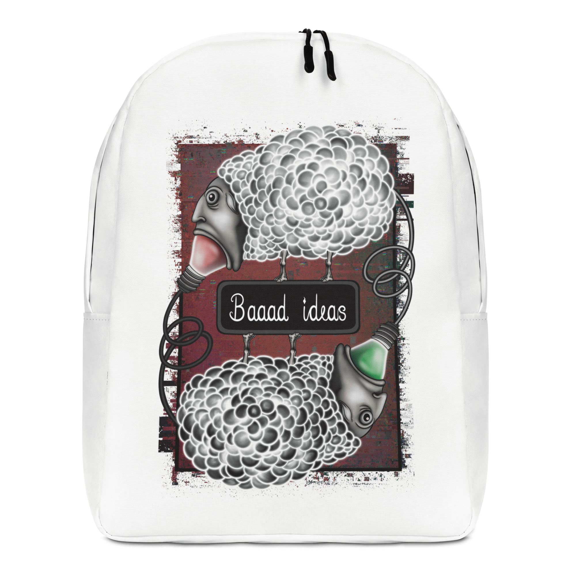 Bad ideas cartoon sheep on white backpack