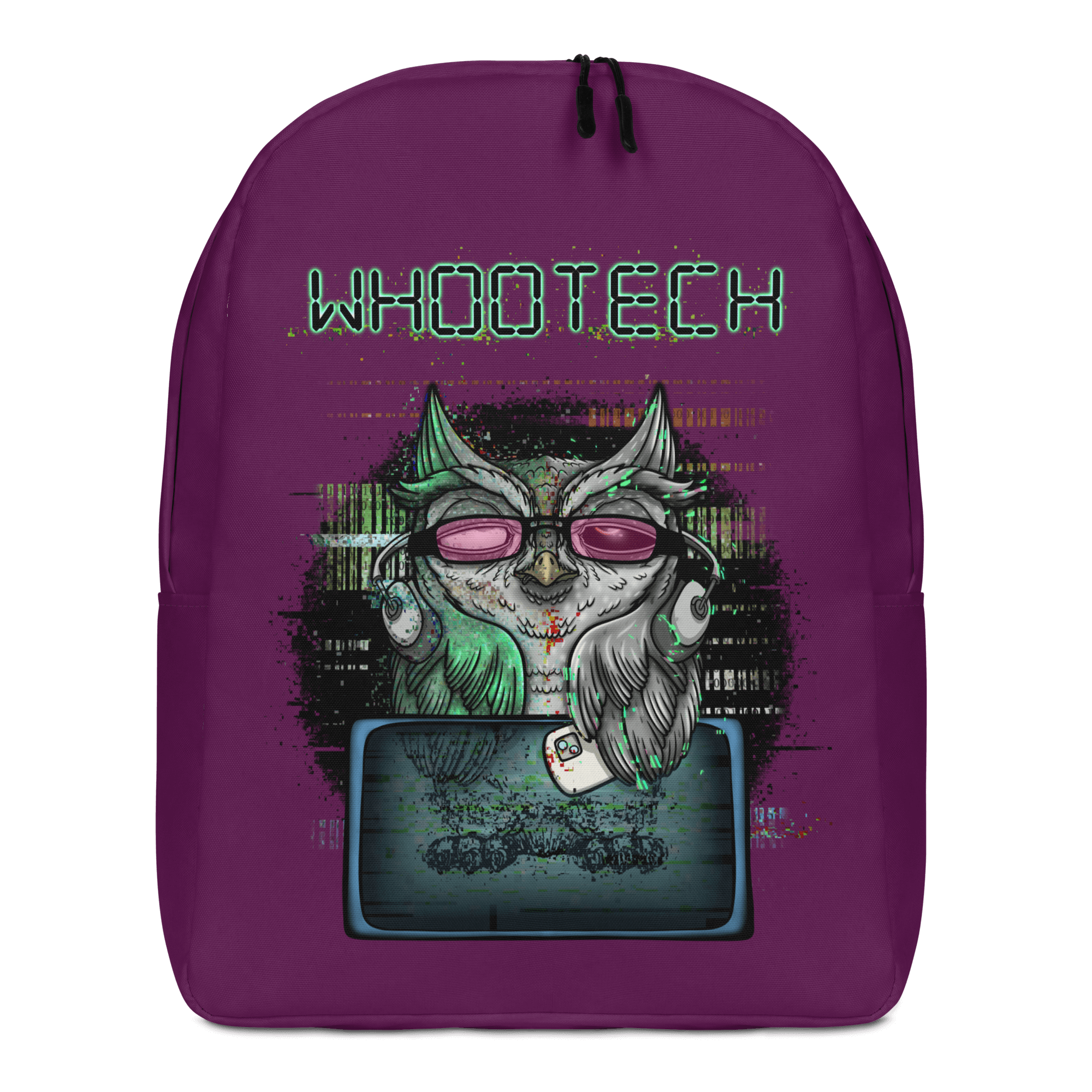 Cool cartoon technology owl on purple backpack