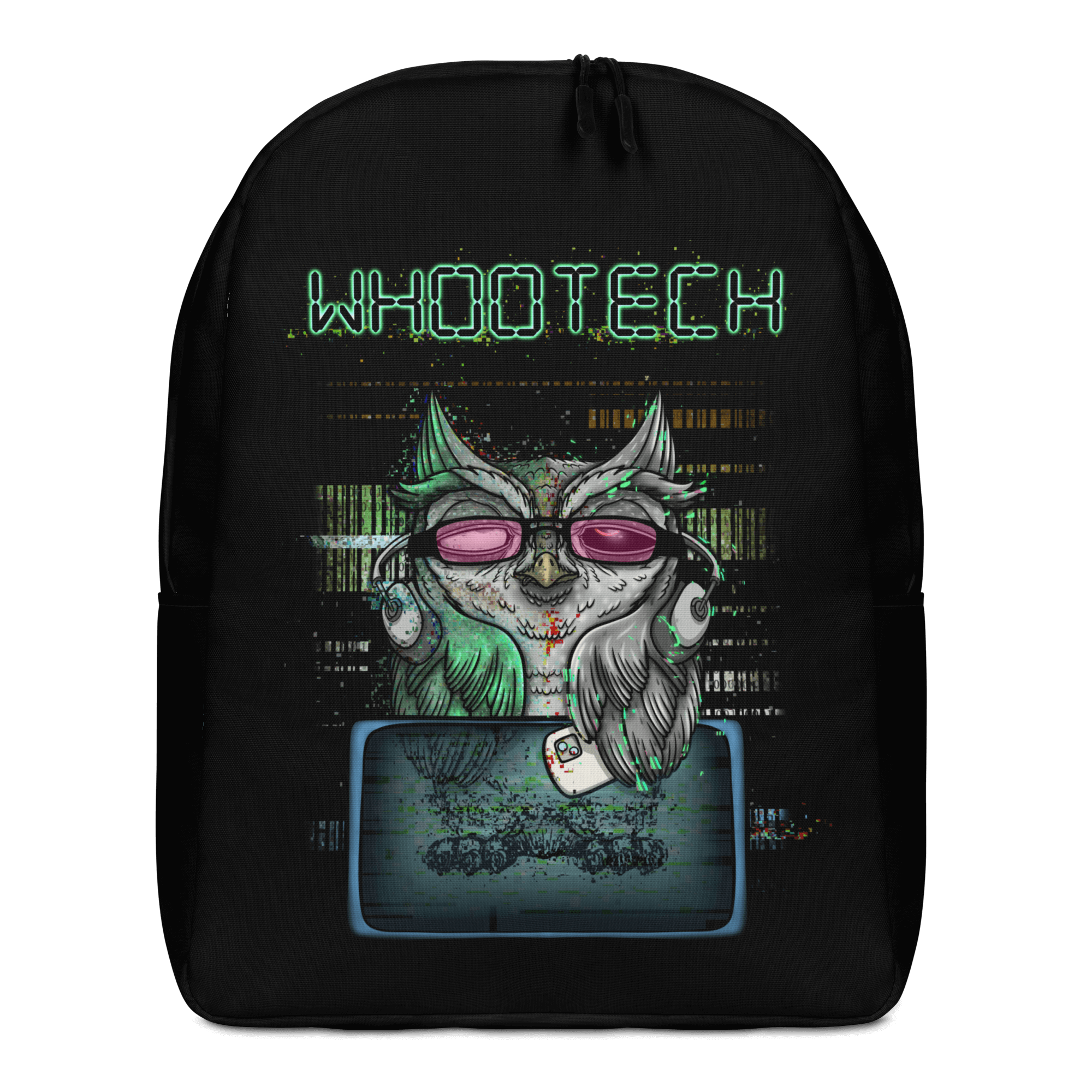 Cool cartoon technology owl on black backpack