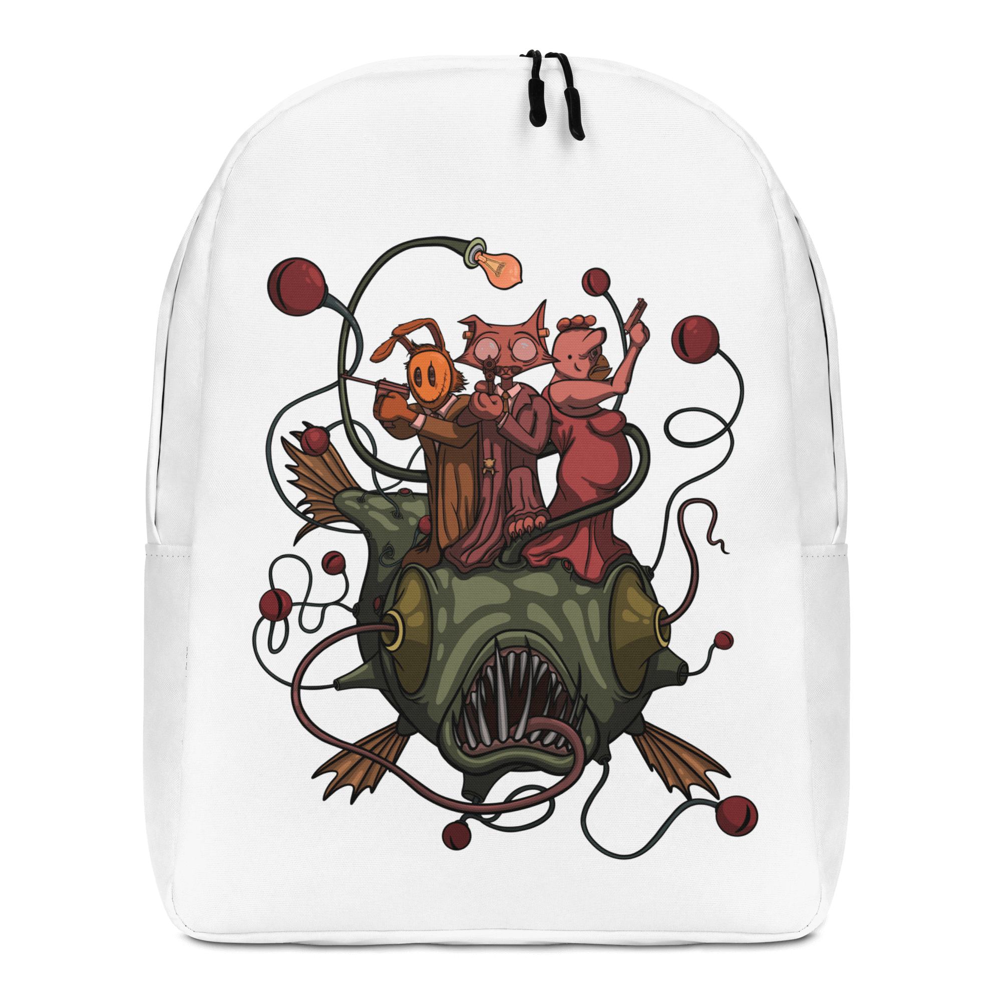 Cartoon bunny, pussy and chicken on adventure on white backpack