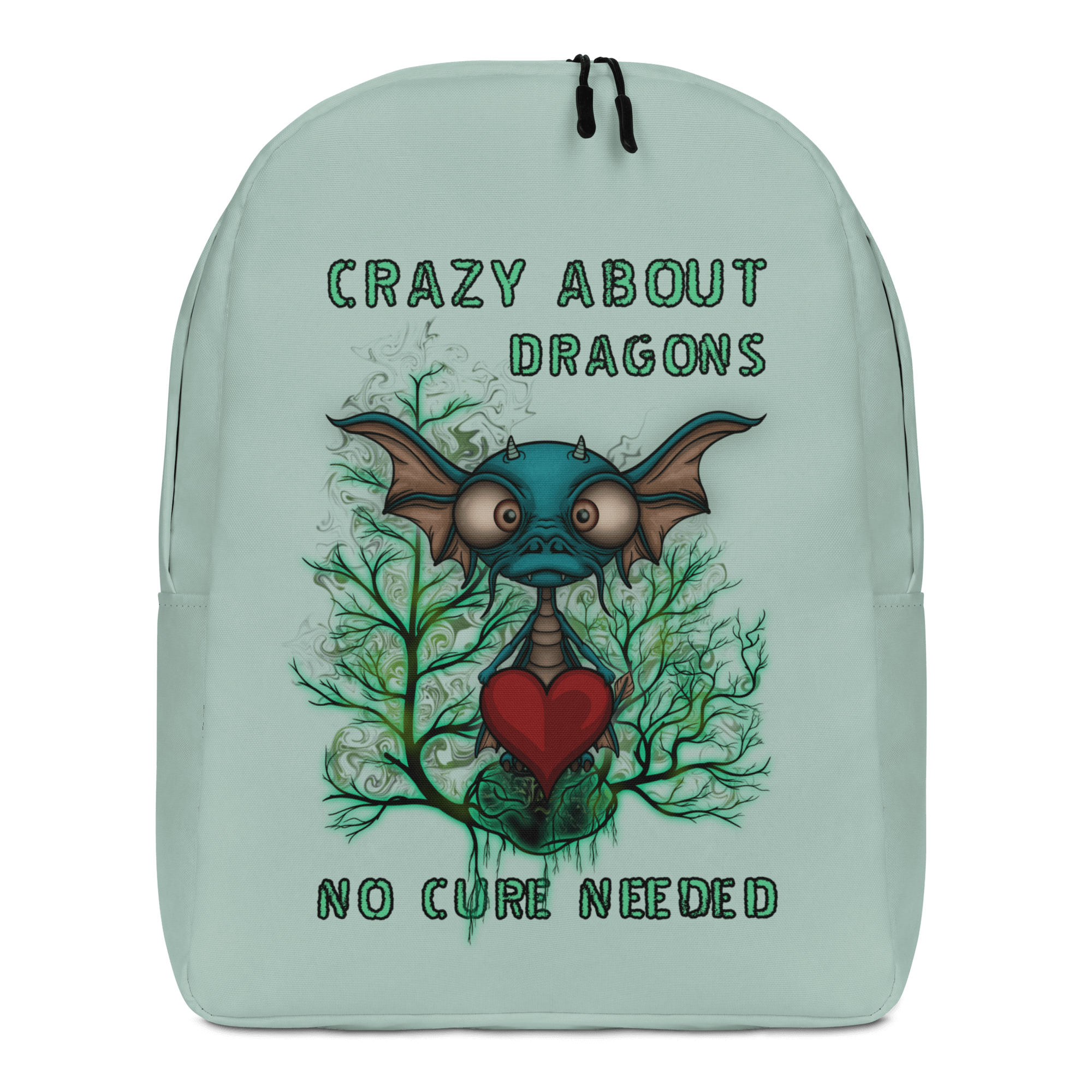 cool cartoon baby dragon on green backpack