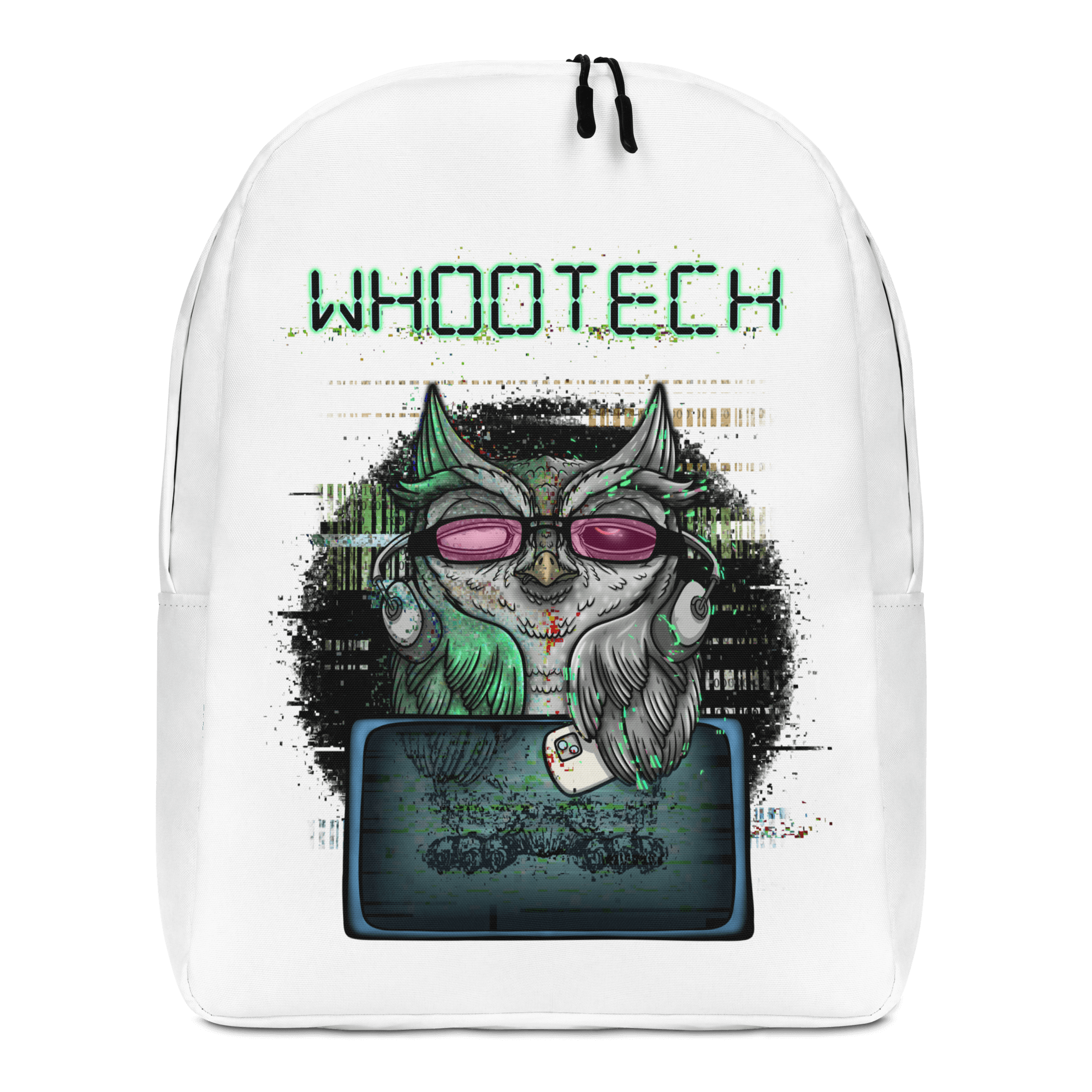 Cool cartoon technology owl on white backpack