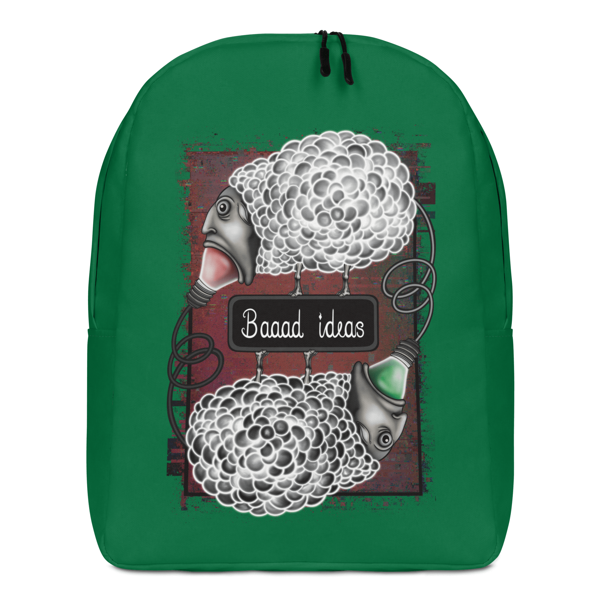 Bad ideas cartoon sheep on green backpack