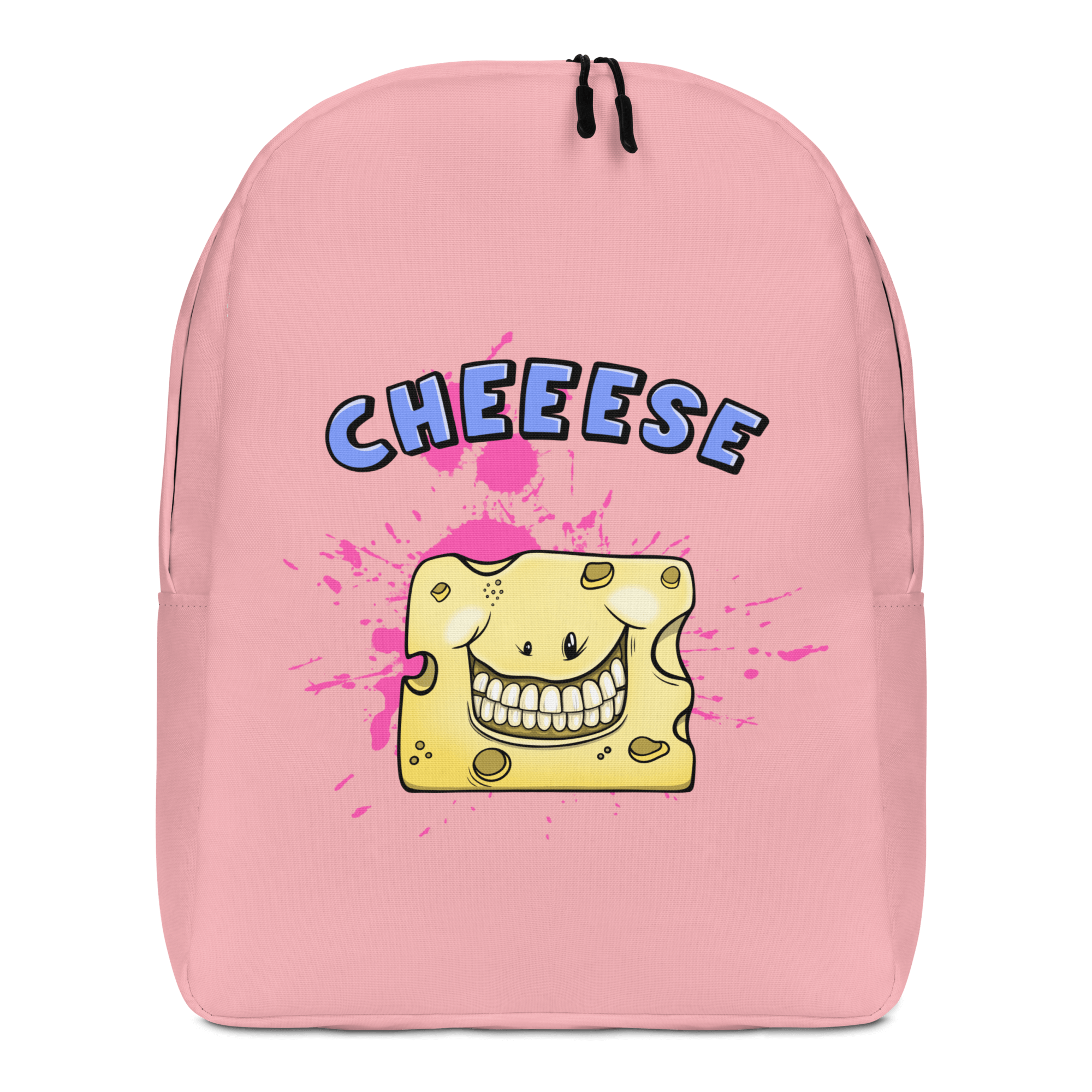 Funny cartoon cheese smiling on pink backpack