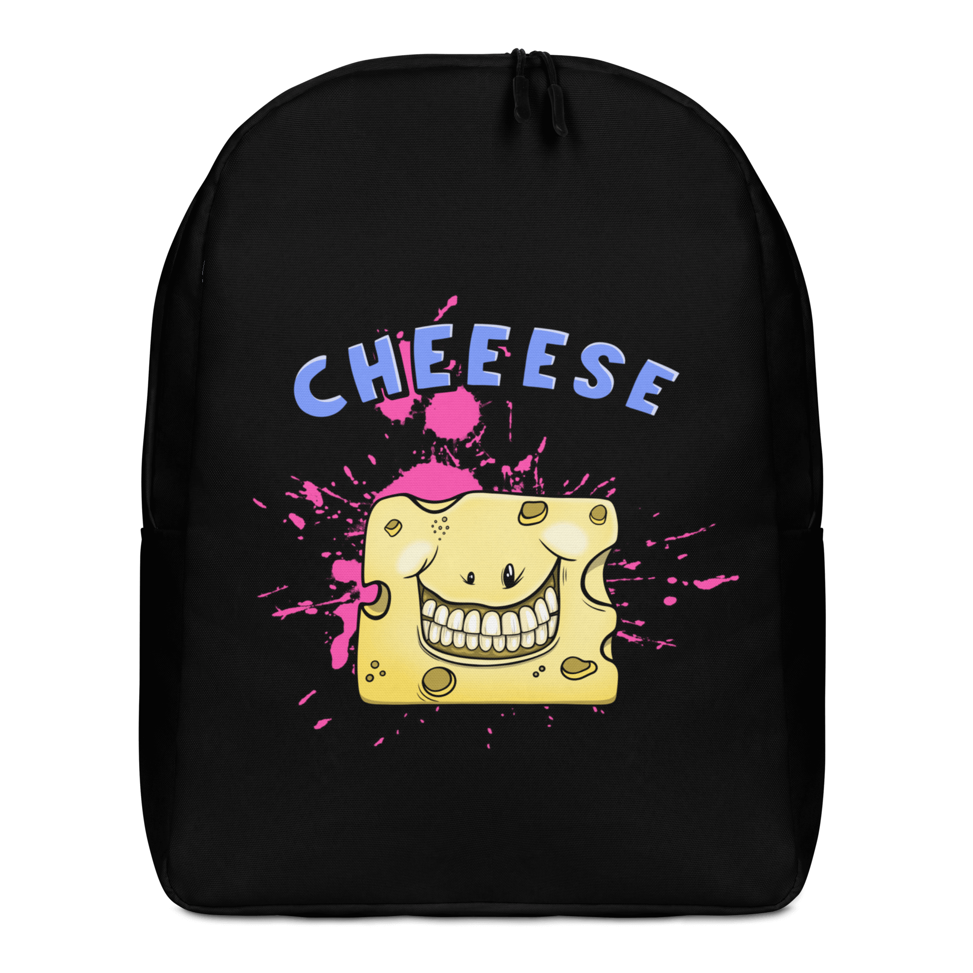 Funny cartoon cheese smiling on black backpack