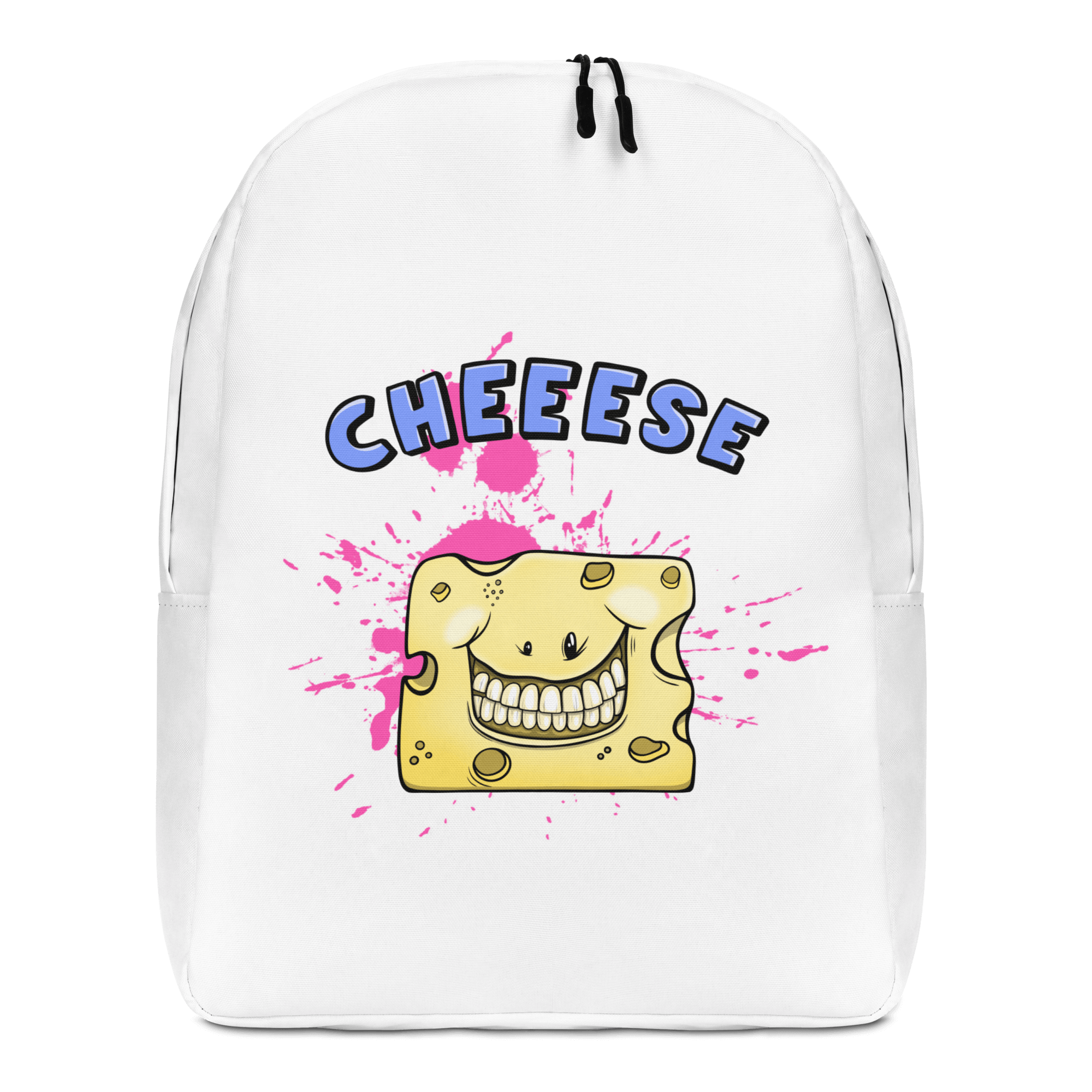 Funny cartoon cheese smiling on white backpack