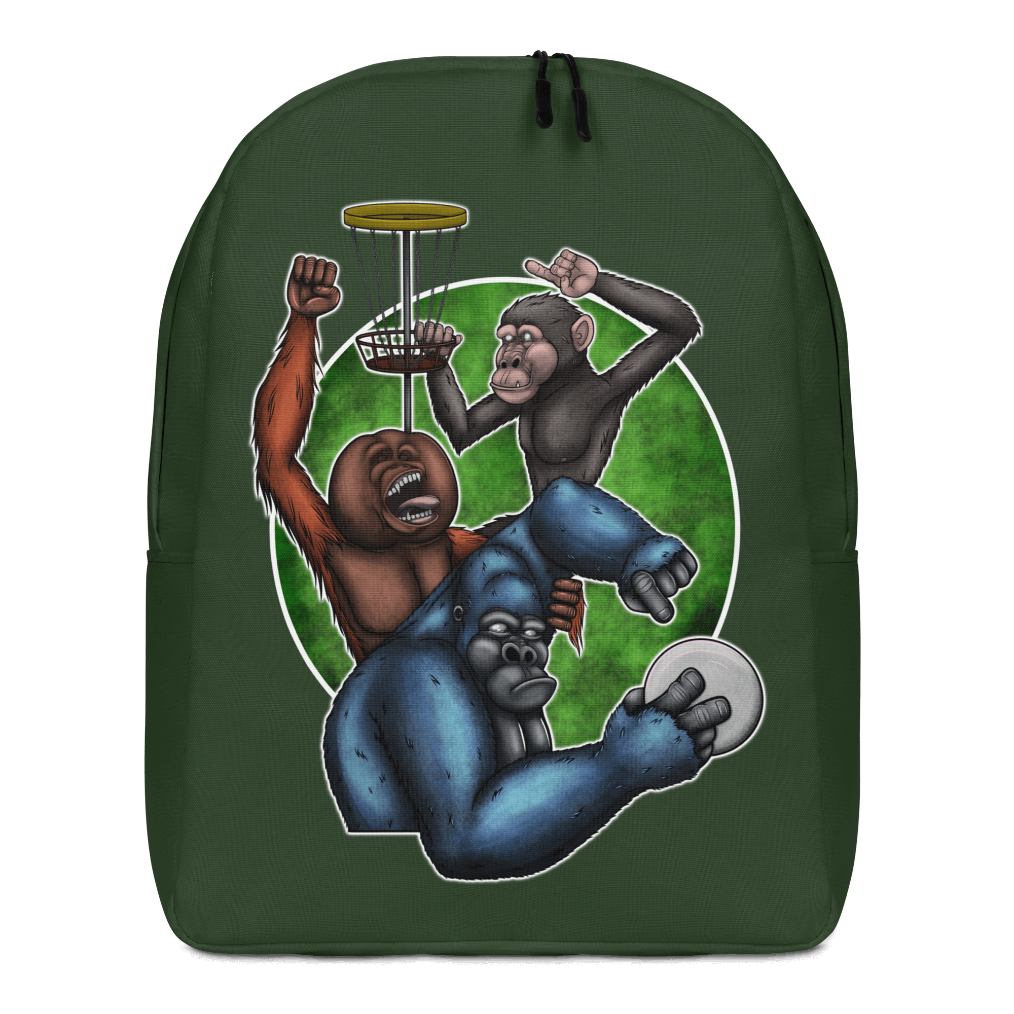 green backpack with cartoon monkeys playing frisbee golf