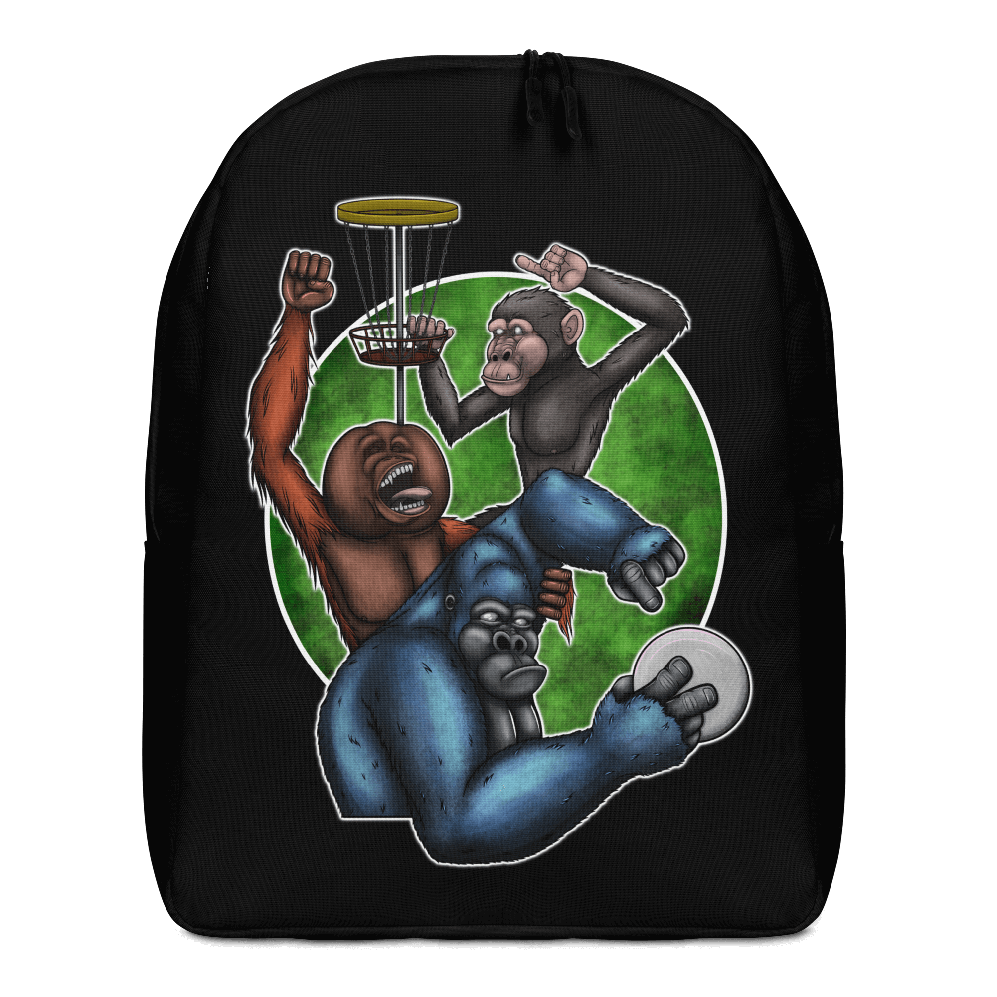 black backpack with cartoon monkeys playing frisbee golf