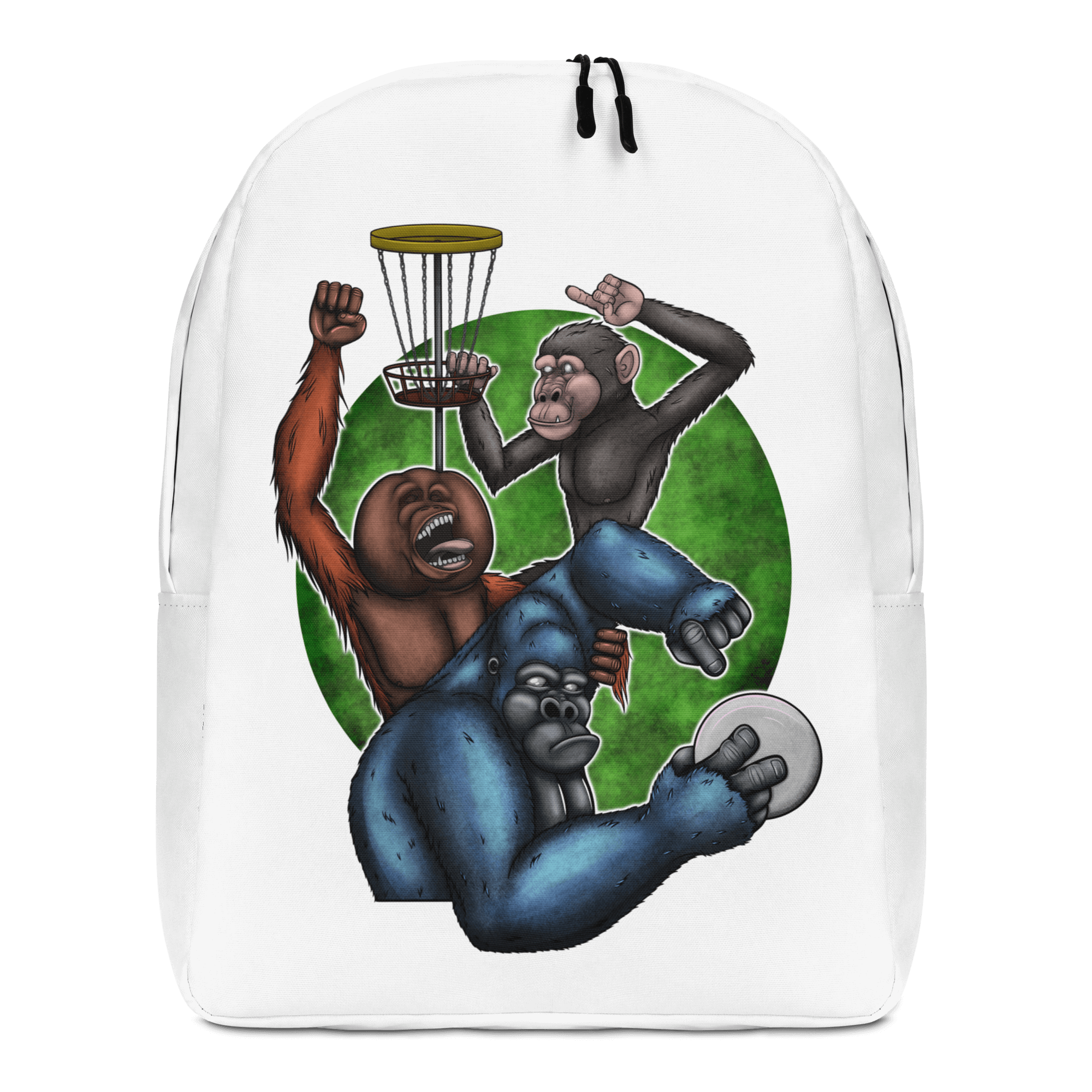 white backpack with cartoon monkeys playing frisbee golf