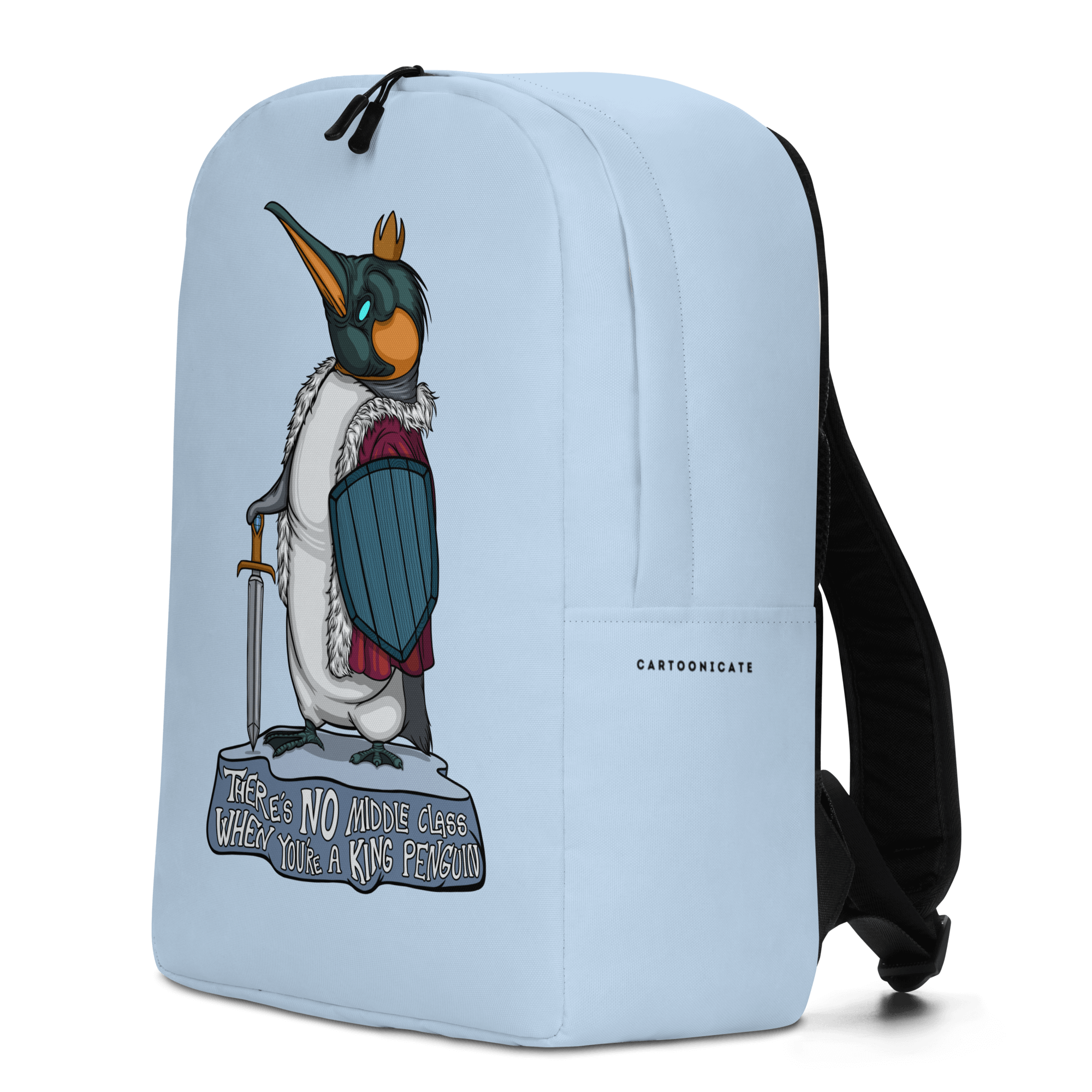 funny king penguin in cartoon style on blue backpack