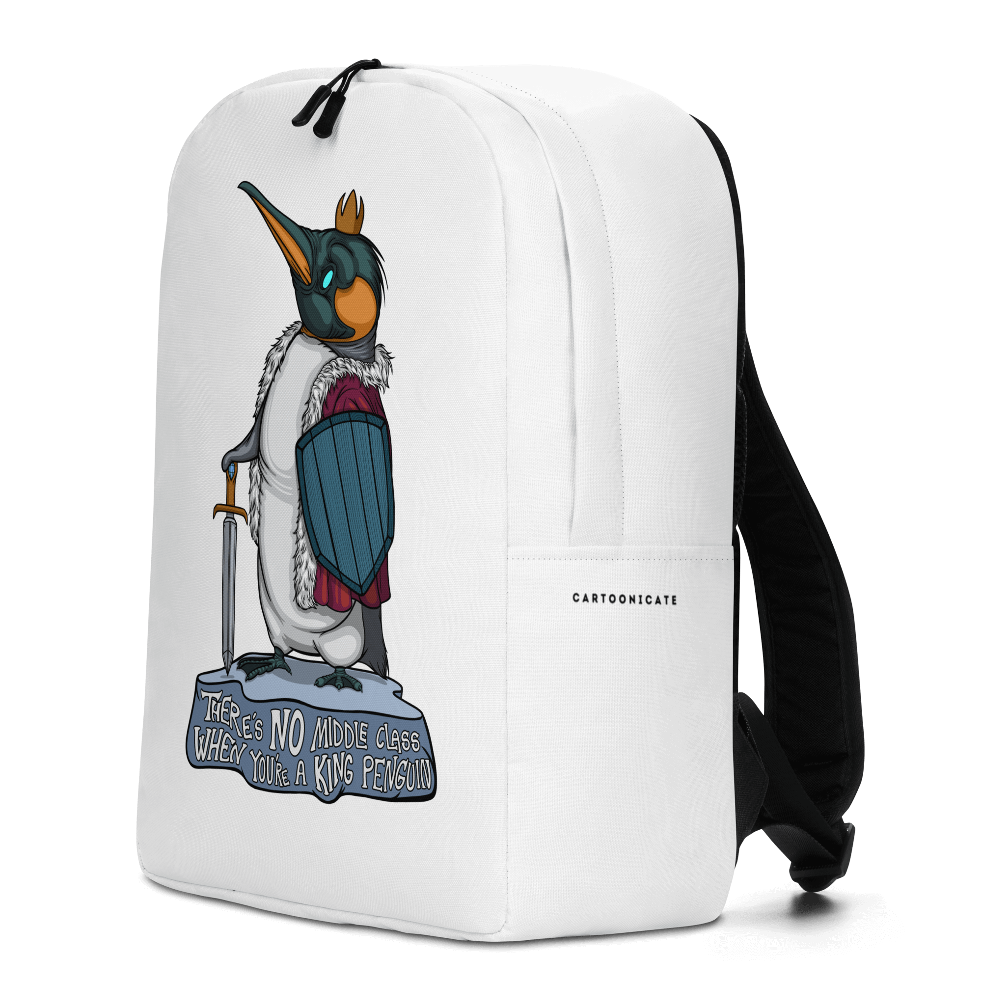 funny king penguin in cartoon style on white backpack