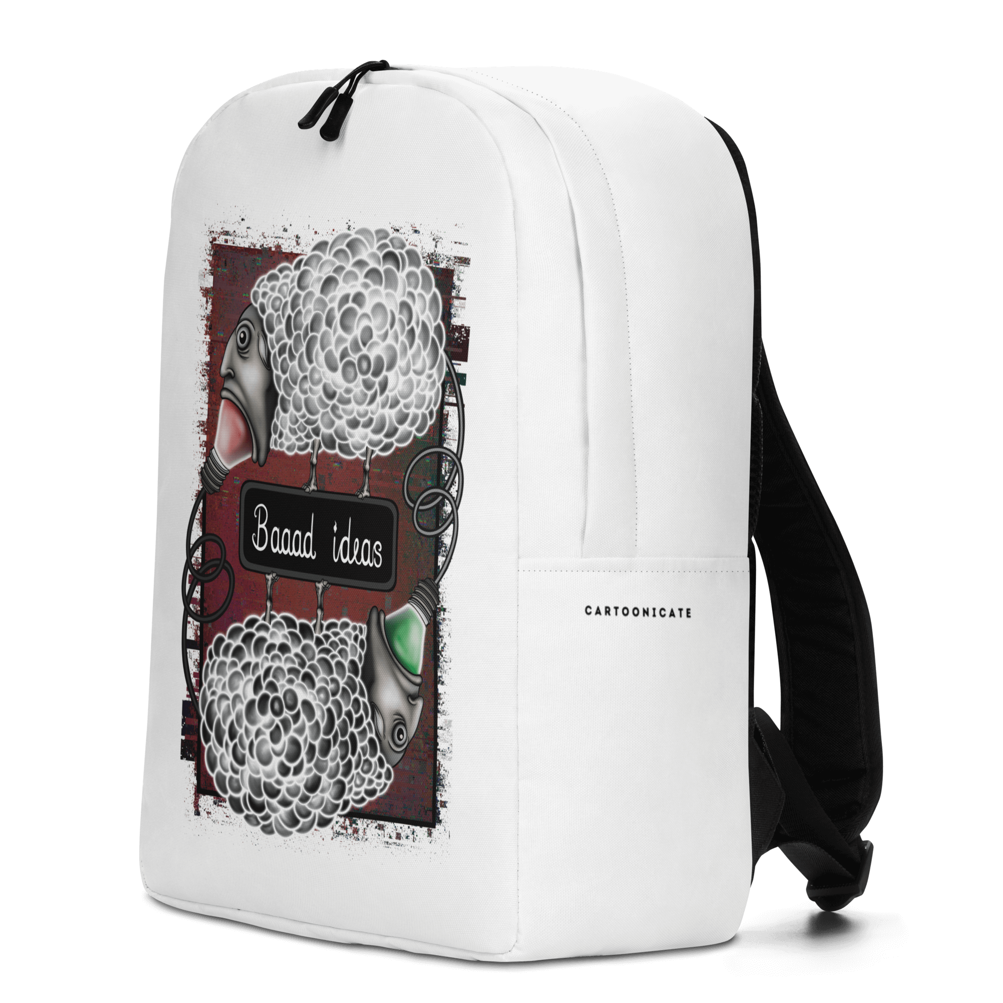 cartoon sheep with bad ideas on white backpack