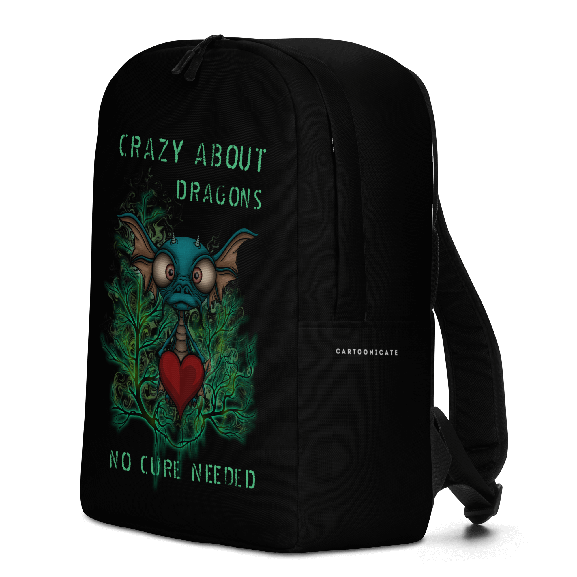 black backpack with a cute baby dragon and a heart