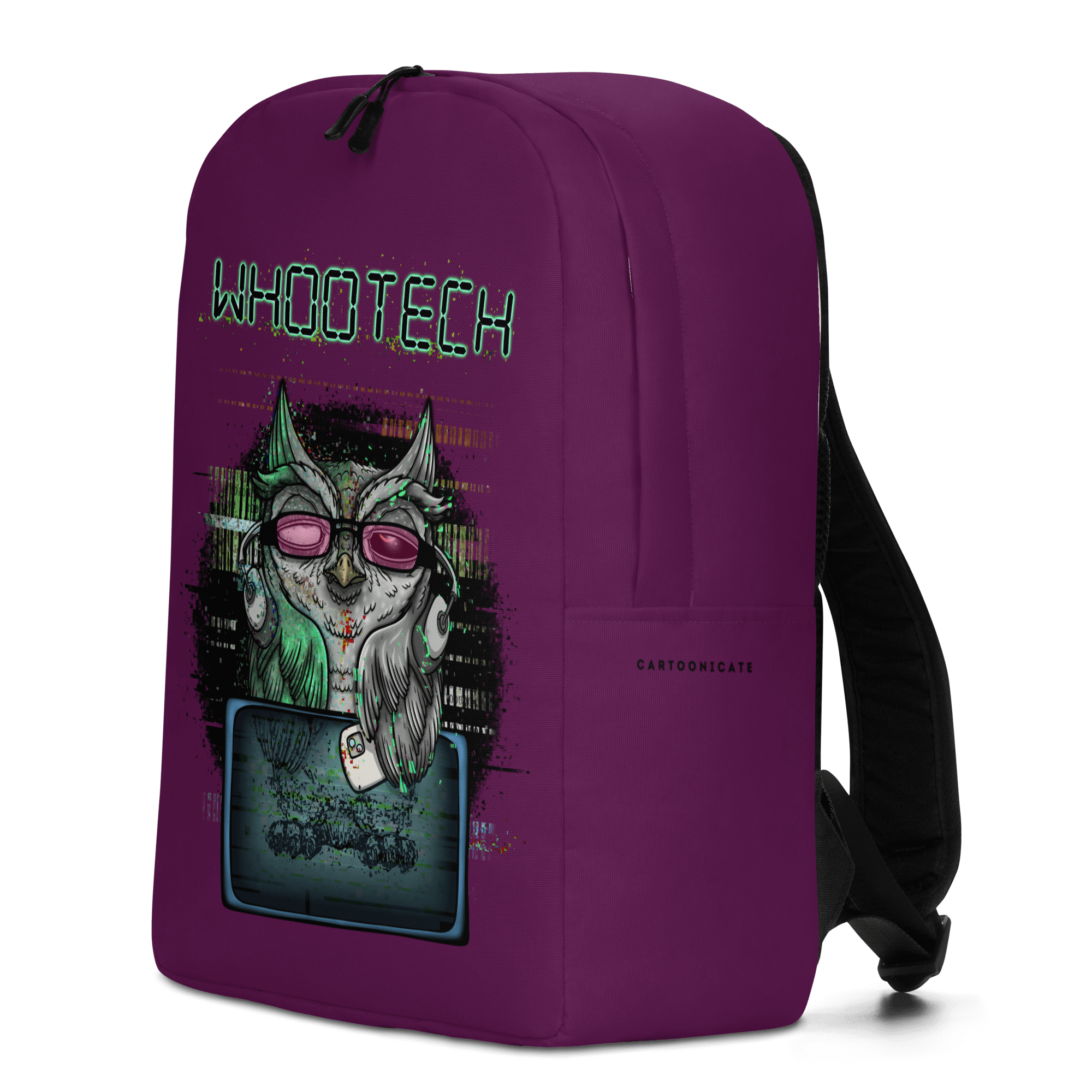 purple backpack with a cartoon techno owl