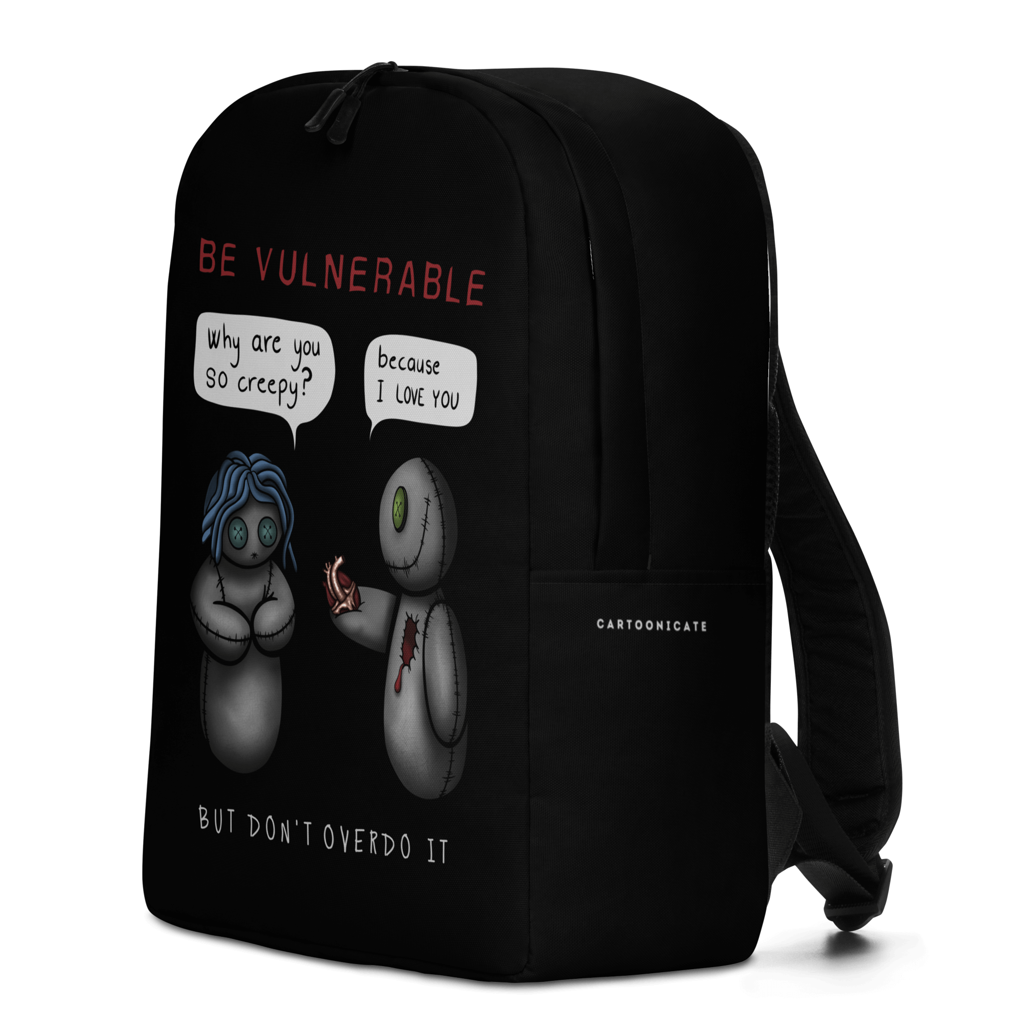 be vulnerable voodoo doll love on black backpack