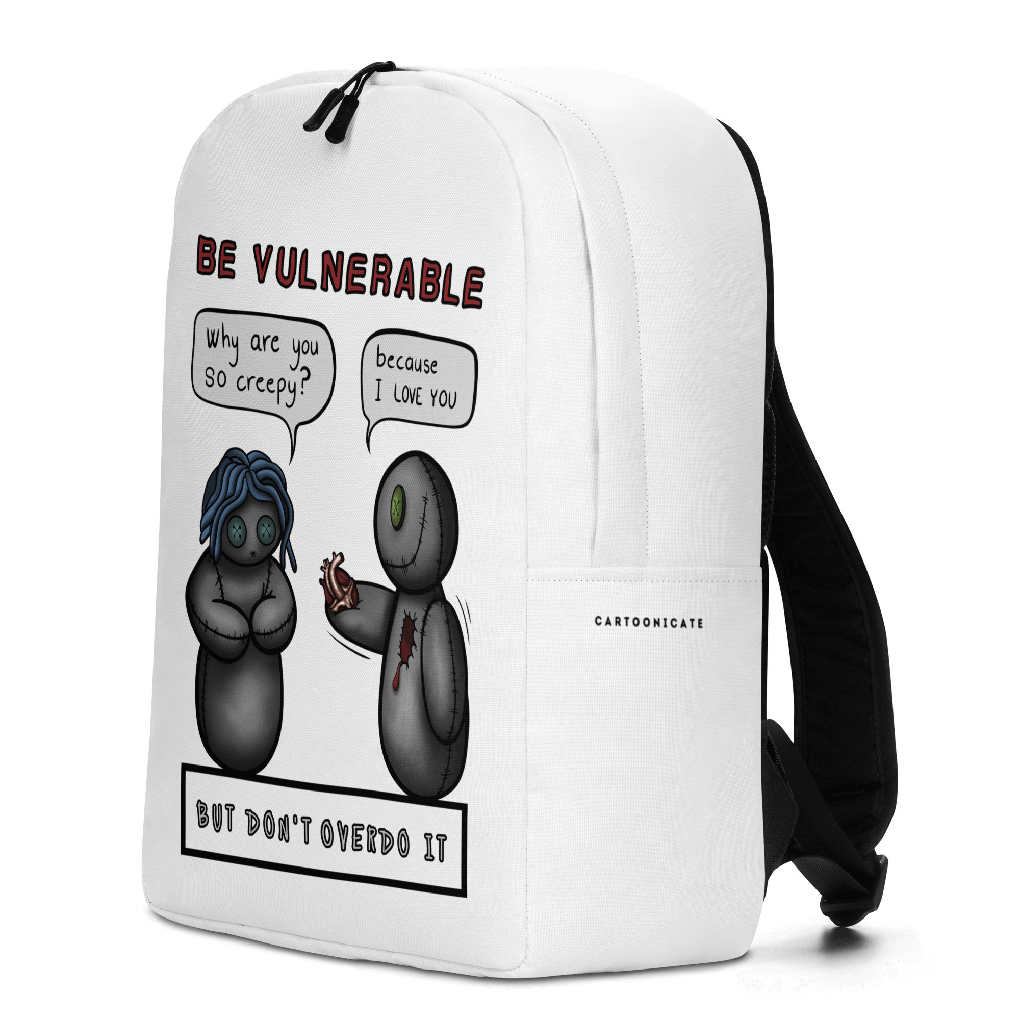 be vulnerable voodoo doll love on white backpack