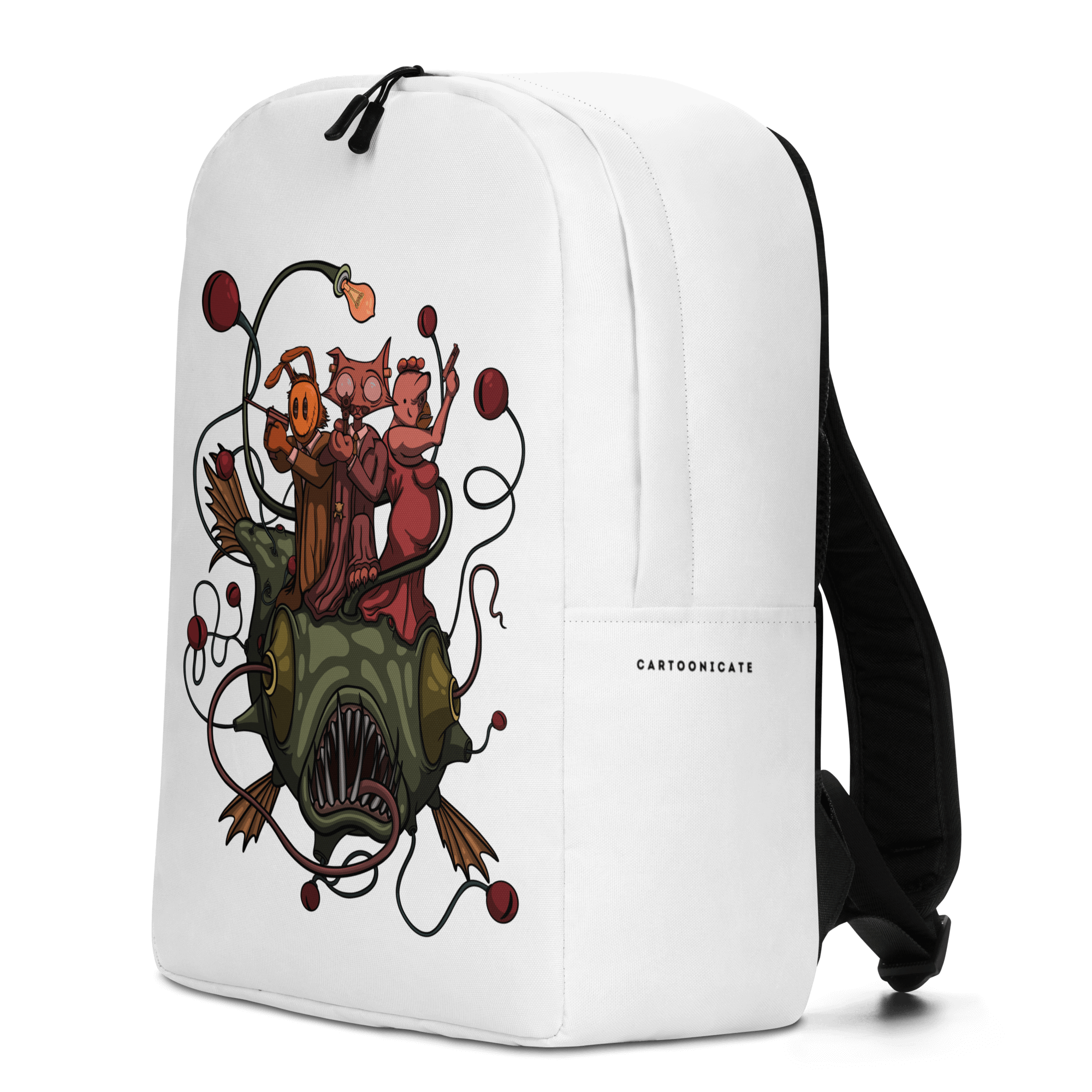 Cool cartoon drawing of green fish on white backpack