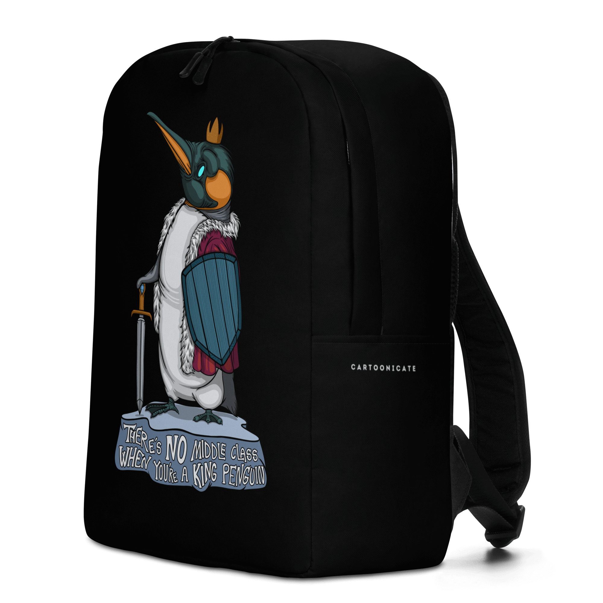  funny king penguin in cartoon style on black backpack