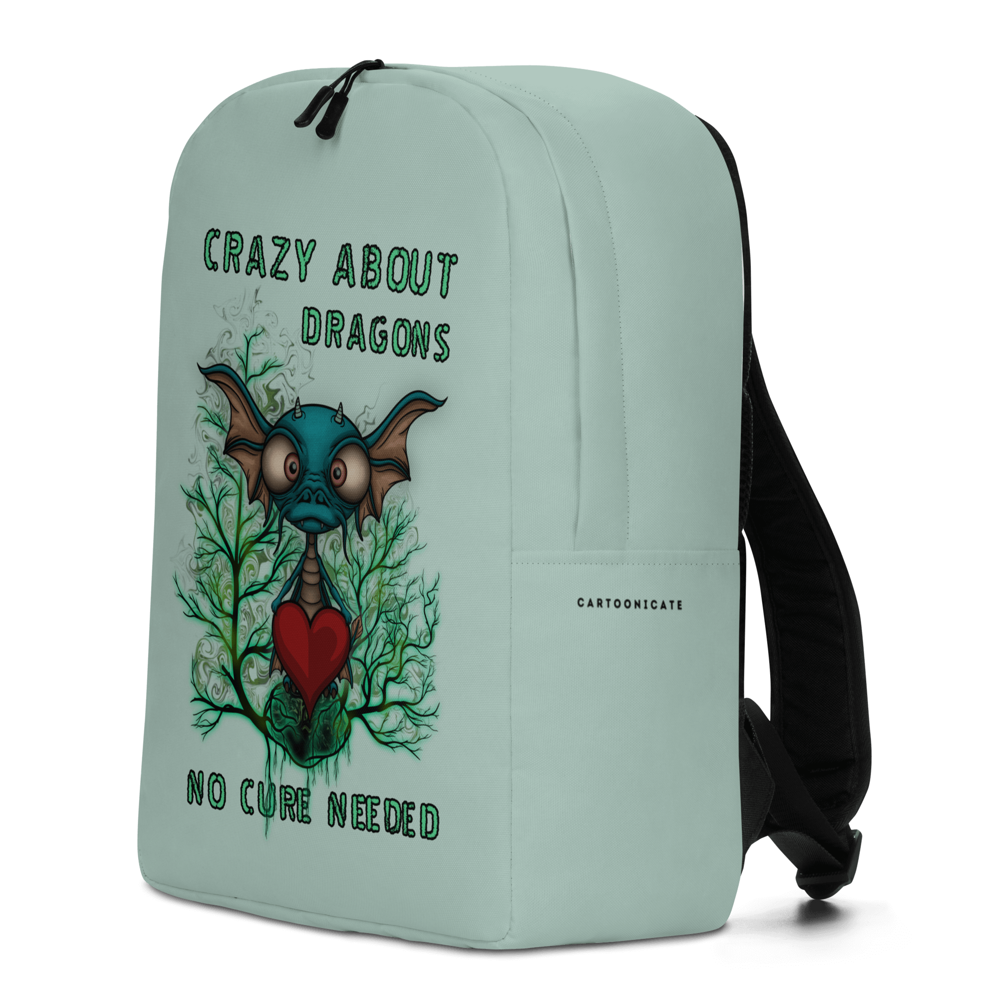 green backpack with a cute baby dragon and a heart