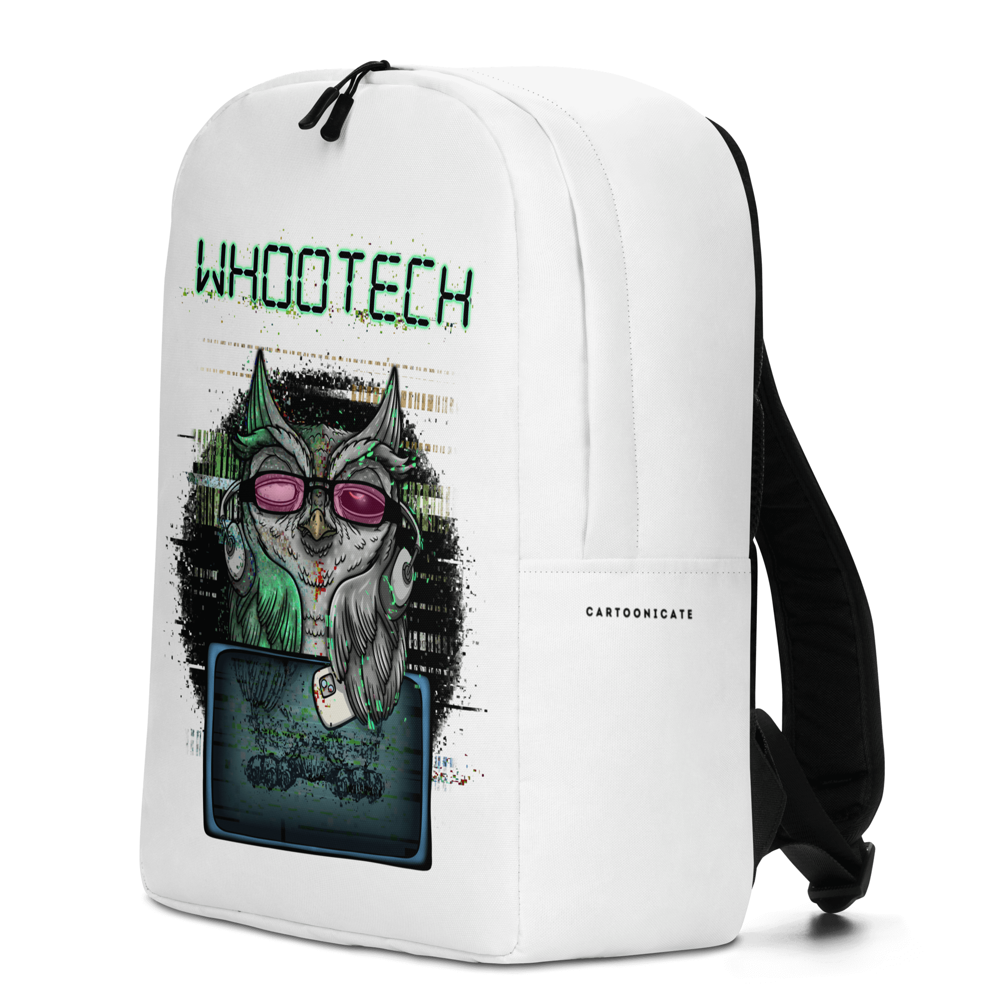 white backpack with a cartoon techno owl