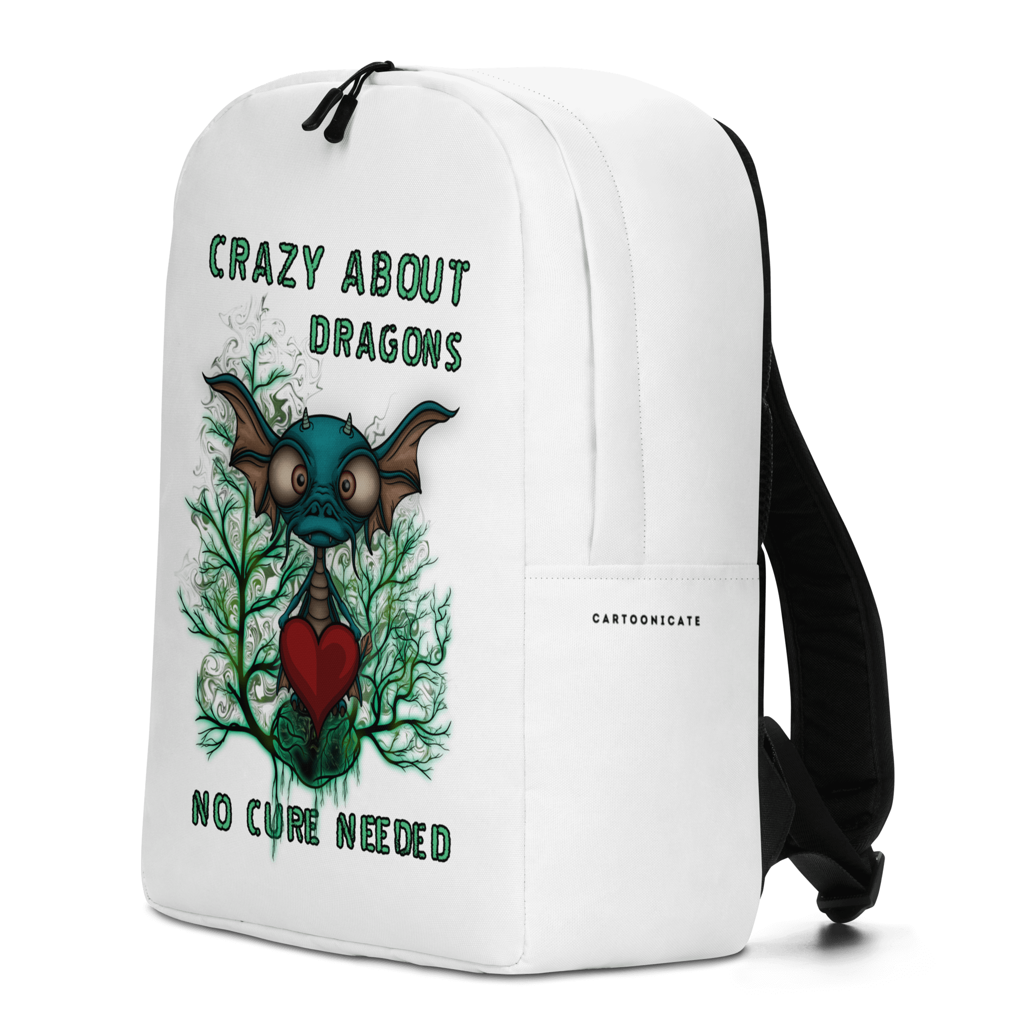 white backpack with a cute baby dragon and a heart