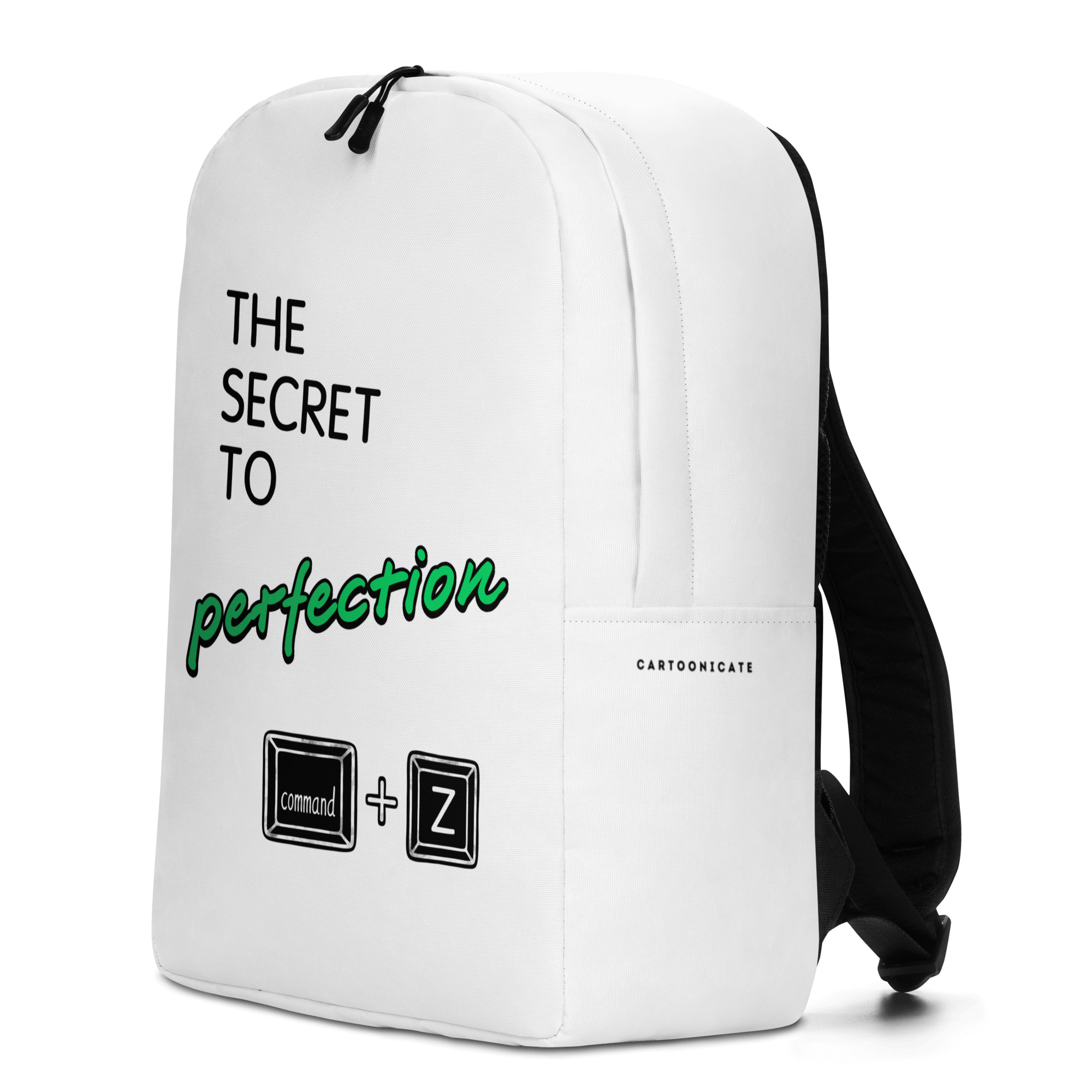 white backpack with cartoon keyboard command + z