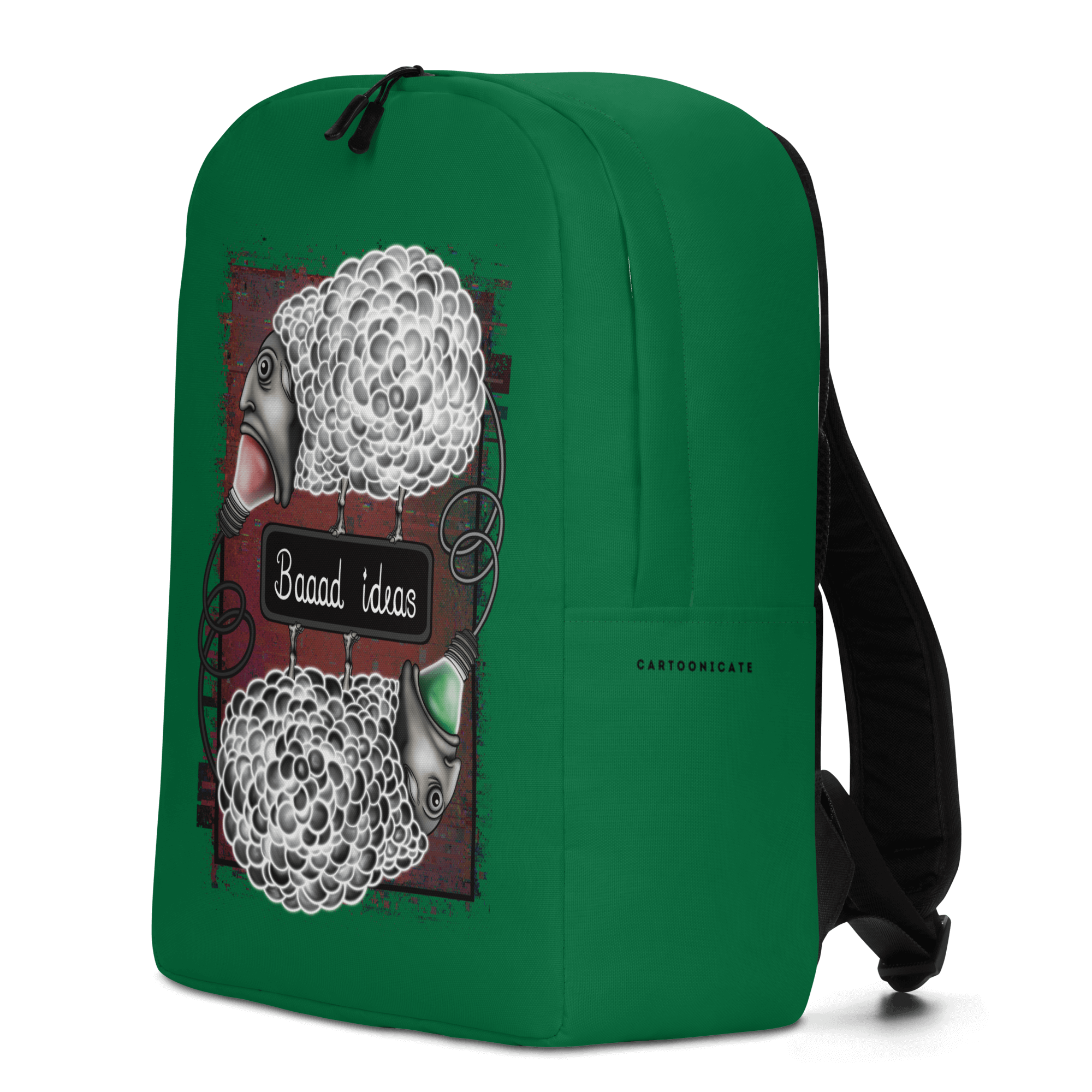 cartoon sheep with bad ideas on green backpack