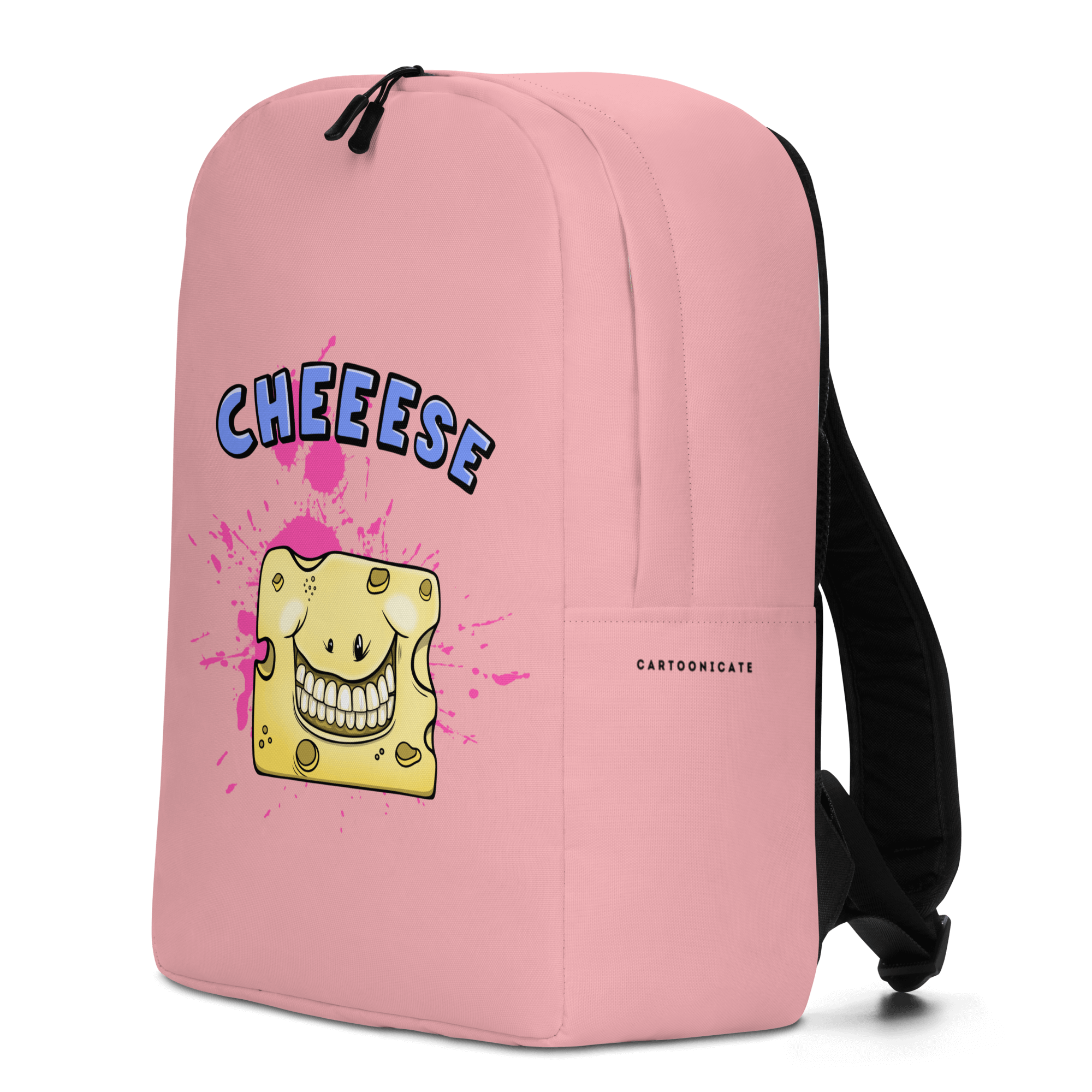 pink backpack with a happy cheese in cartoon style