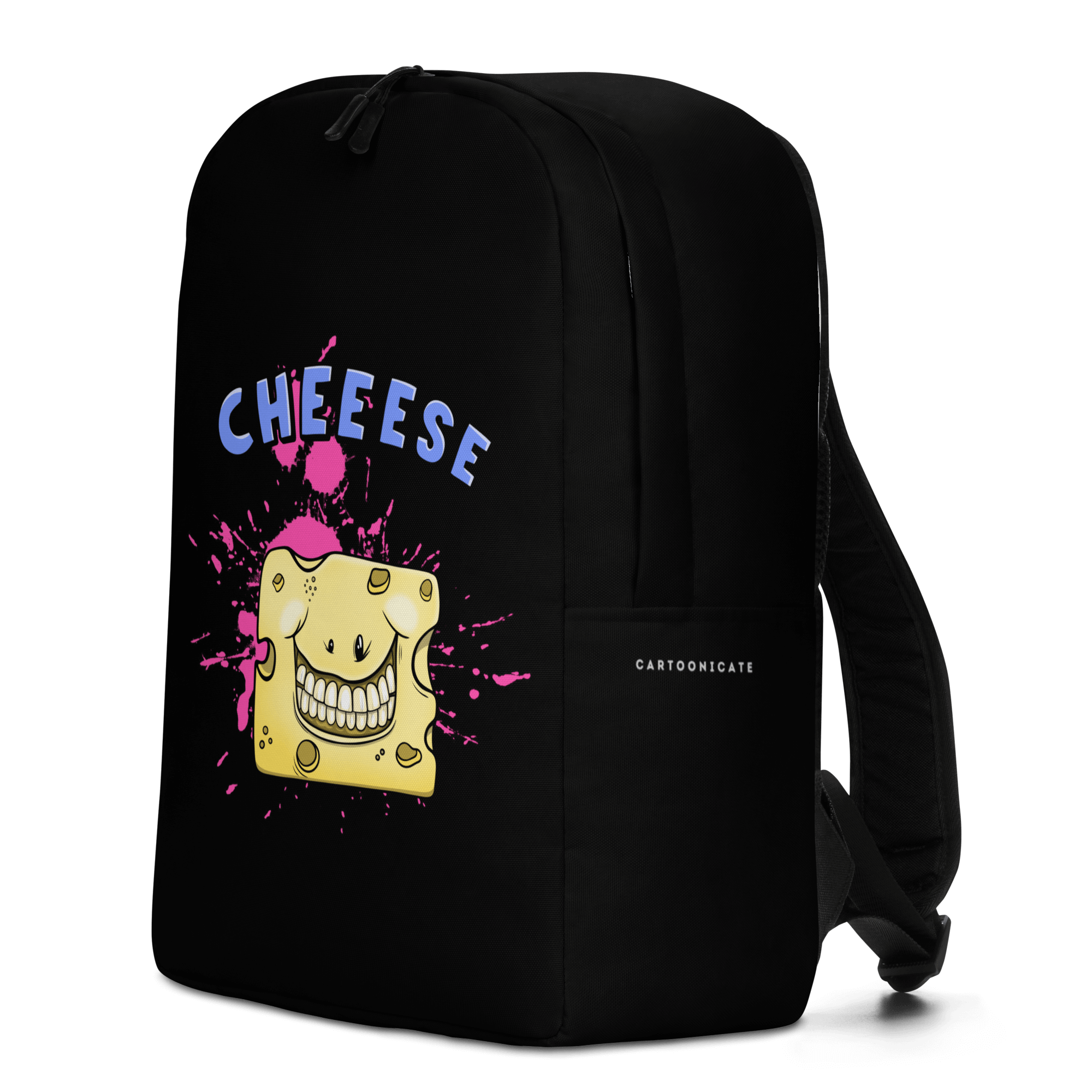 black backpack with a happy cheese in cartoon style