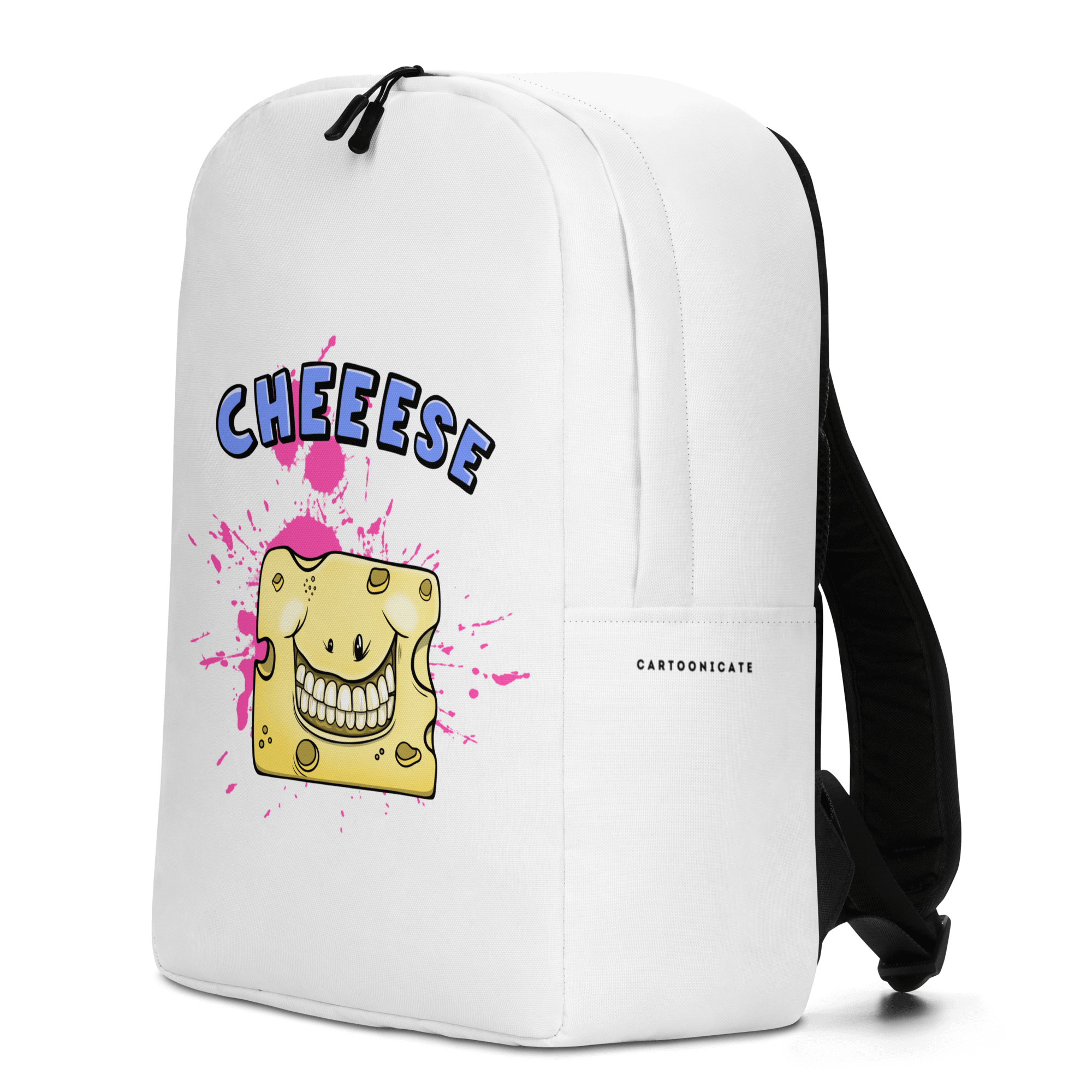 white backpack with a happy cheese in cartoon style