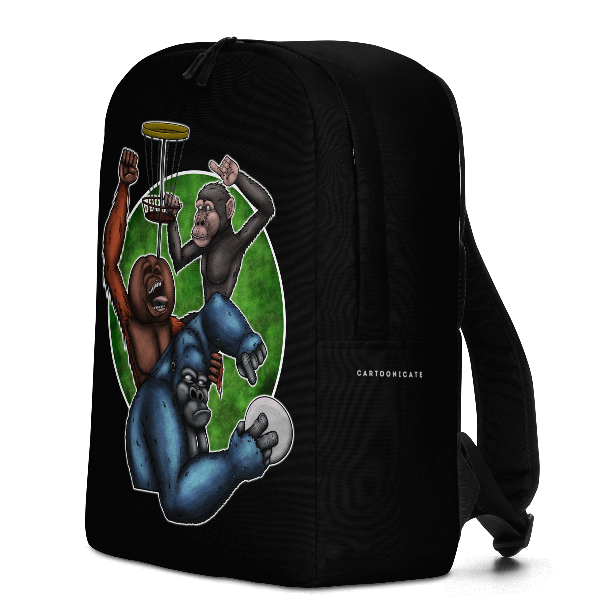 backpack with cool cartoon monkey drawing and disc golf