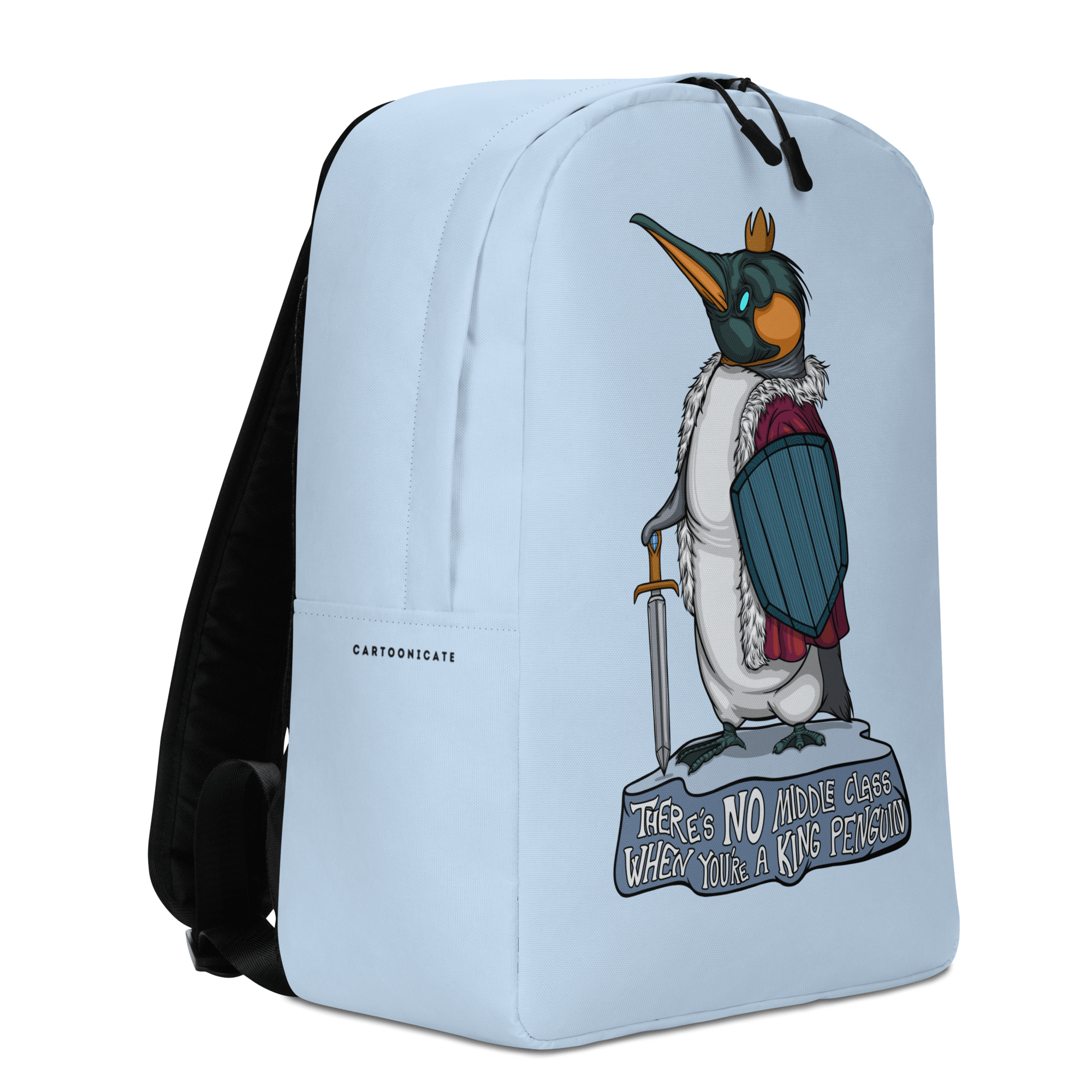 cool cartoon king penguin with a crown on blue backpack