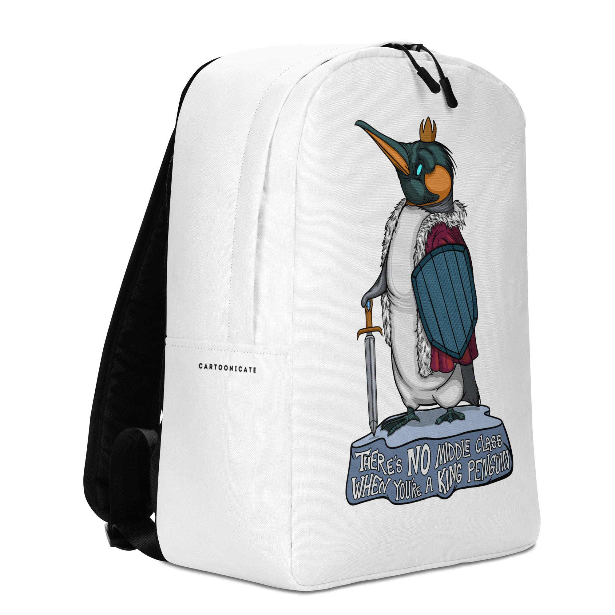 cool cartoon king penguin with a crown on white backpack