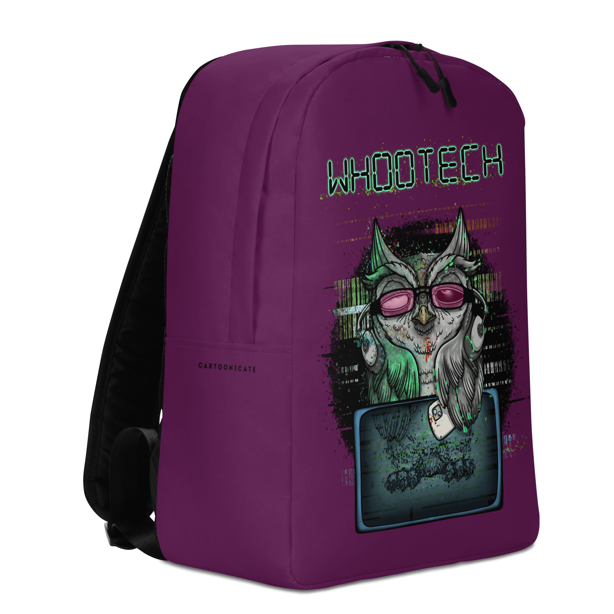 funny cartoon of an owl listening to music on purple backpack