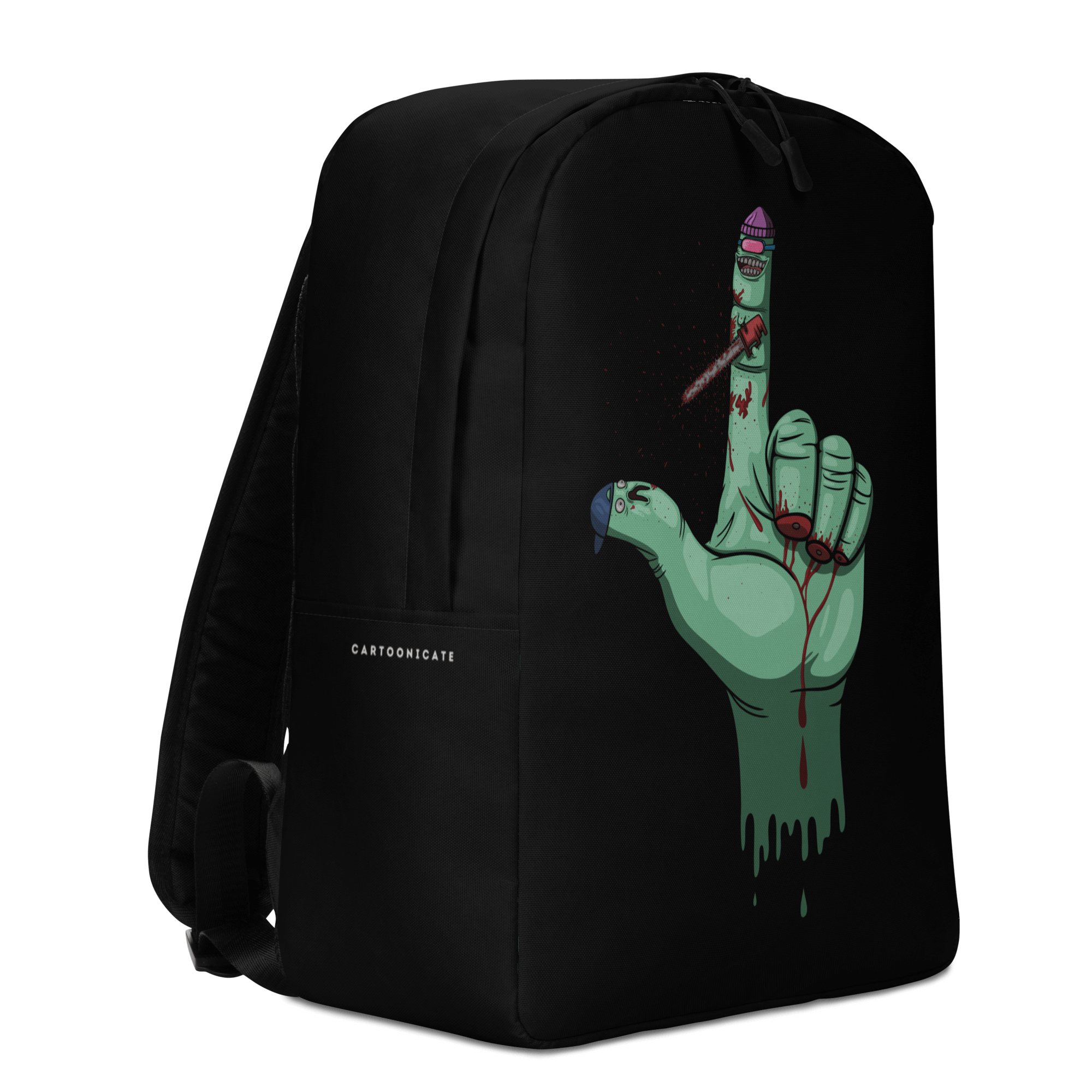 Crazy index finger on a green hand black backpack