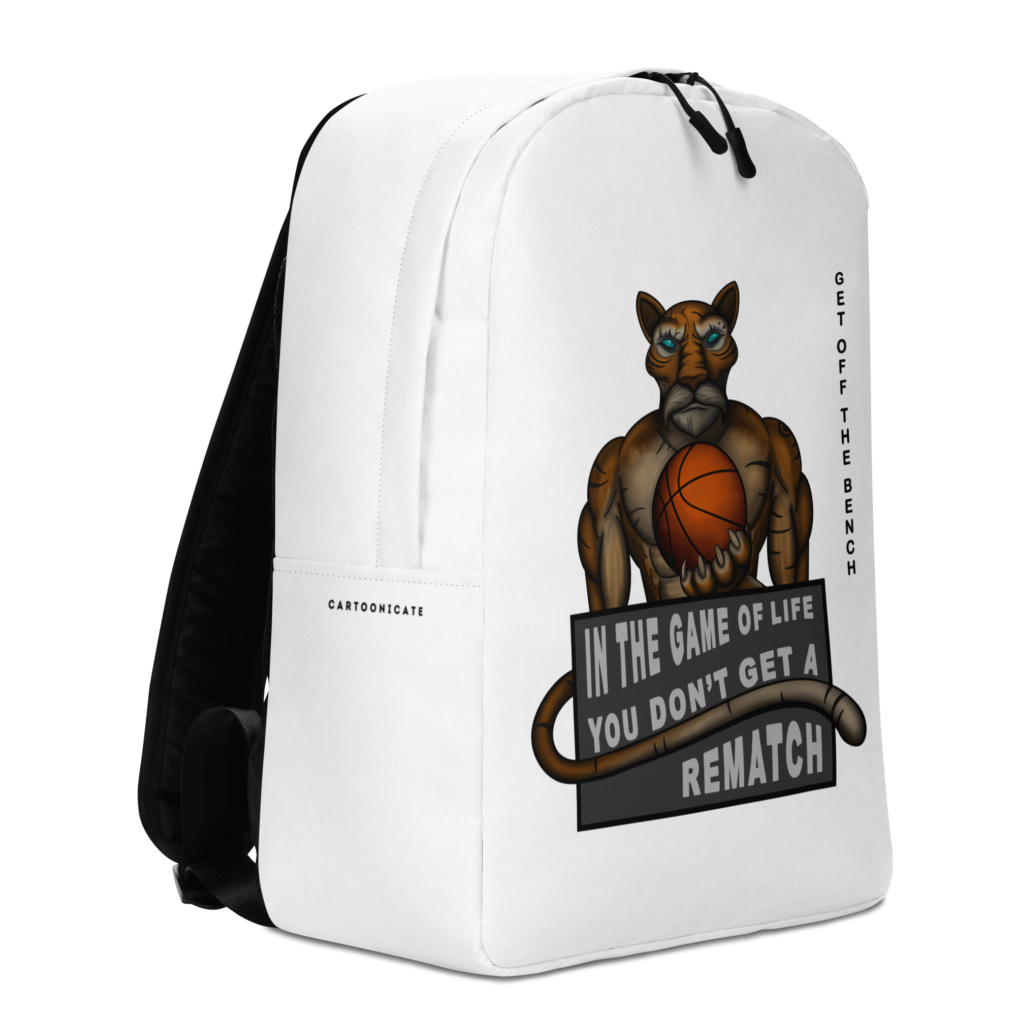 white backpack with a cartoon drawing of a cool tiger playing basketball