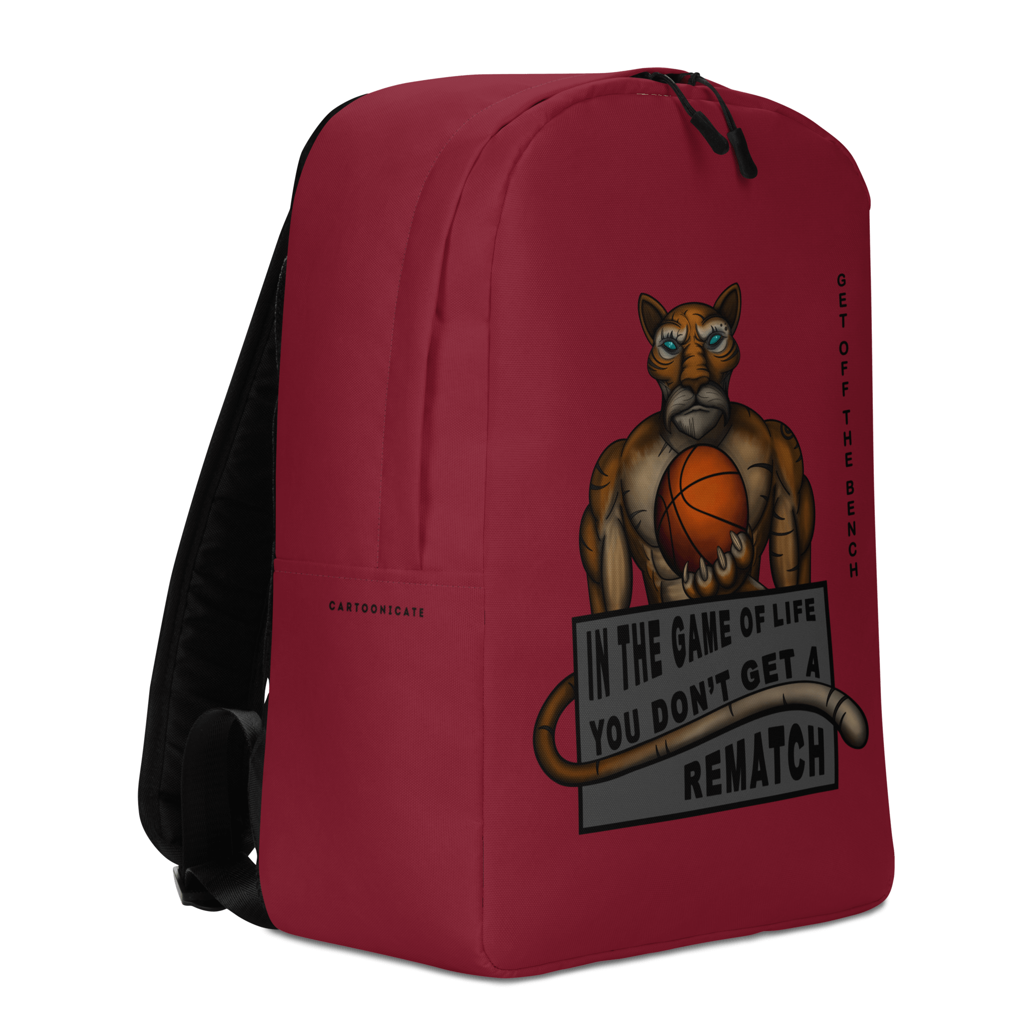 red backpack with a cartoon drawing of a cool tiger playing basketball