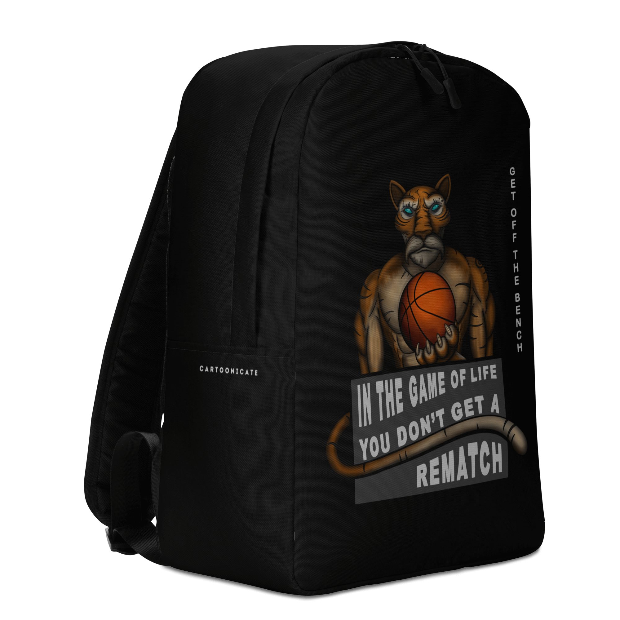 black backpack with a cartoon drawing of a cool tiger playing basketball 