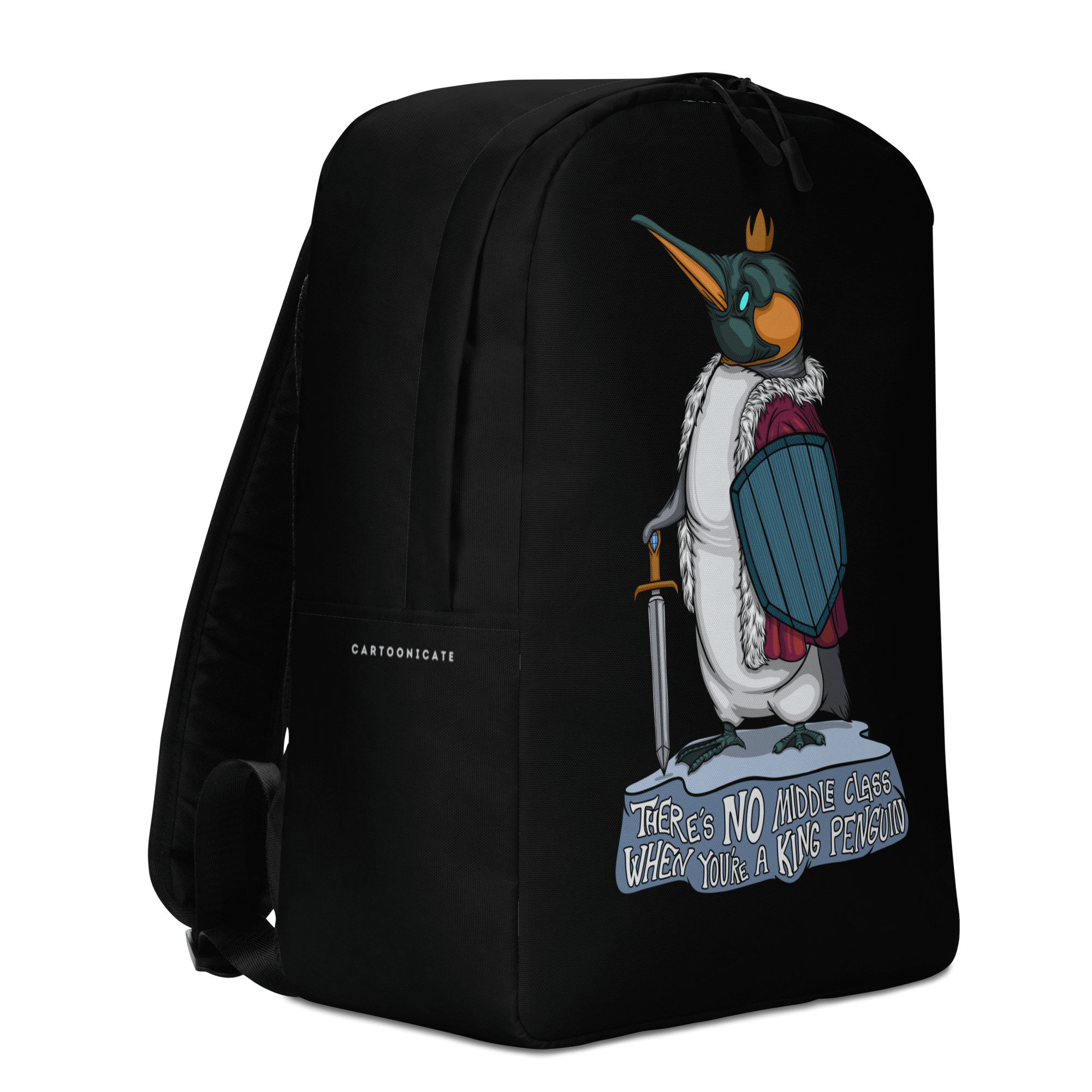 cool cartoon king penguin with a crown on black backpack